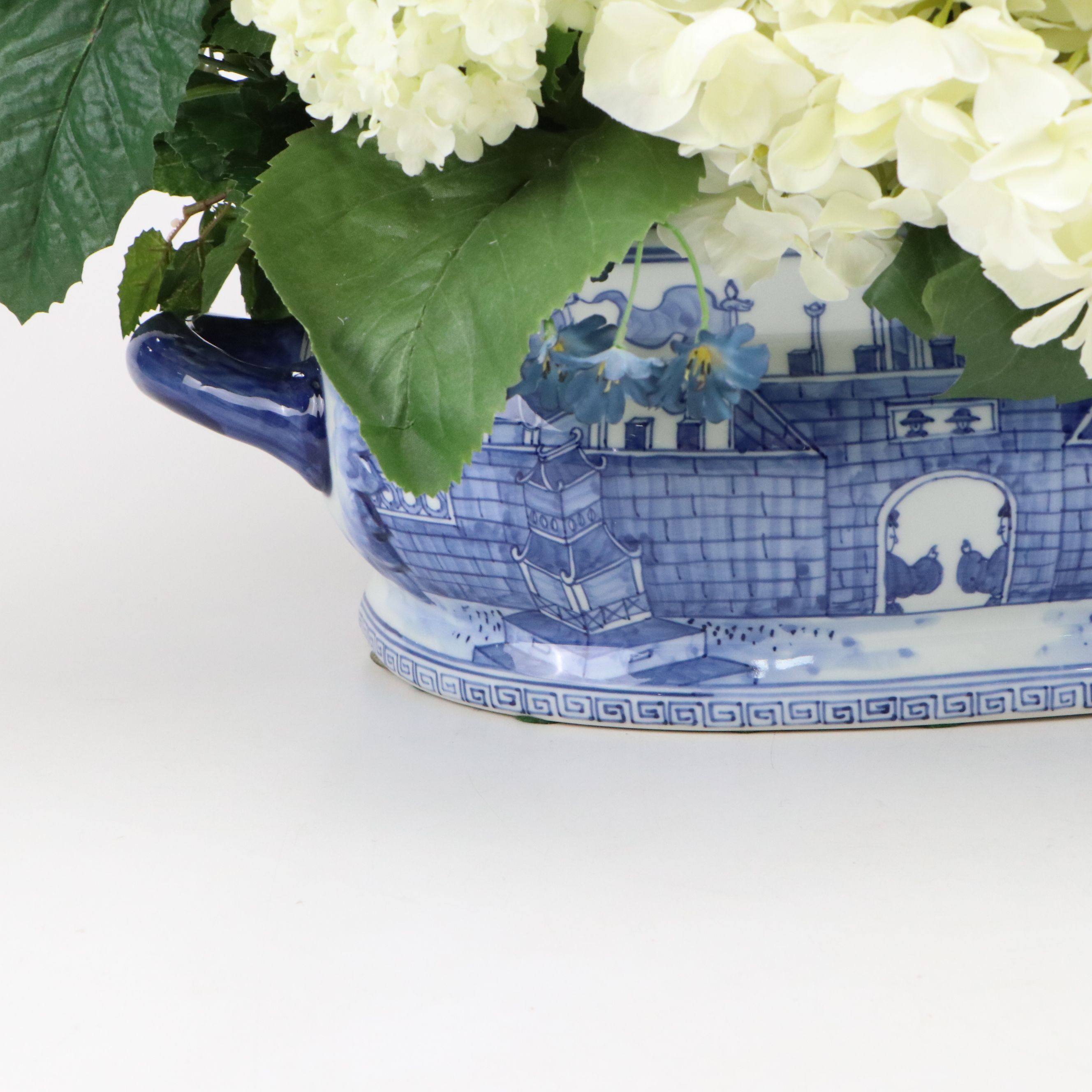 Blue on White Porcelain Handled Planter with Artificial Flowers