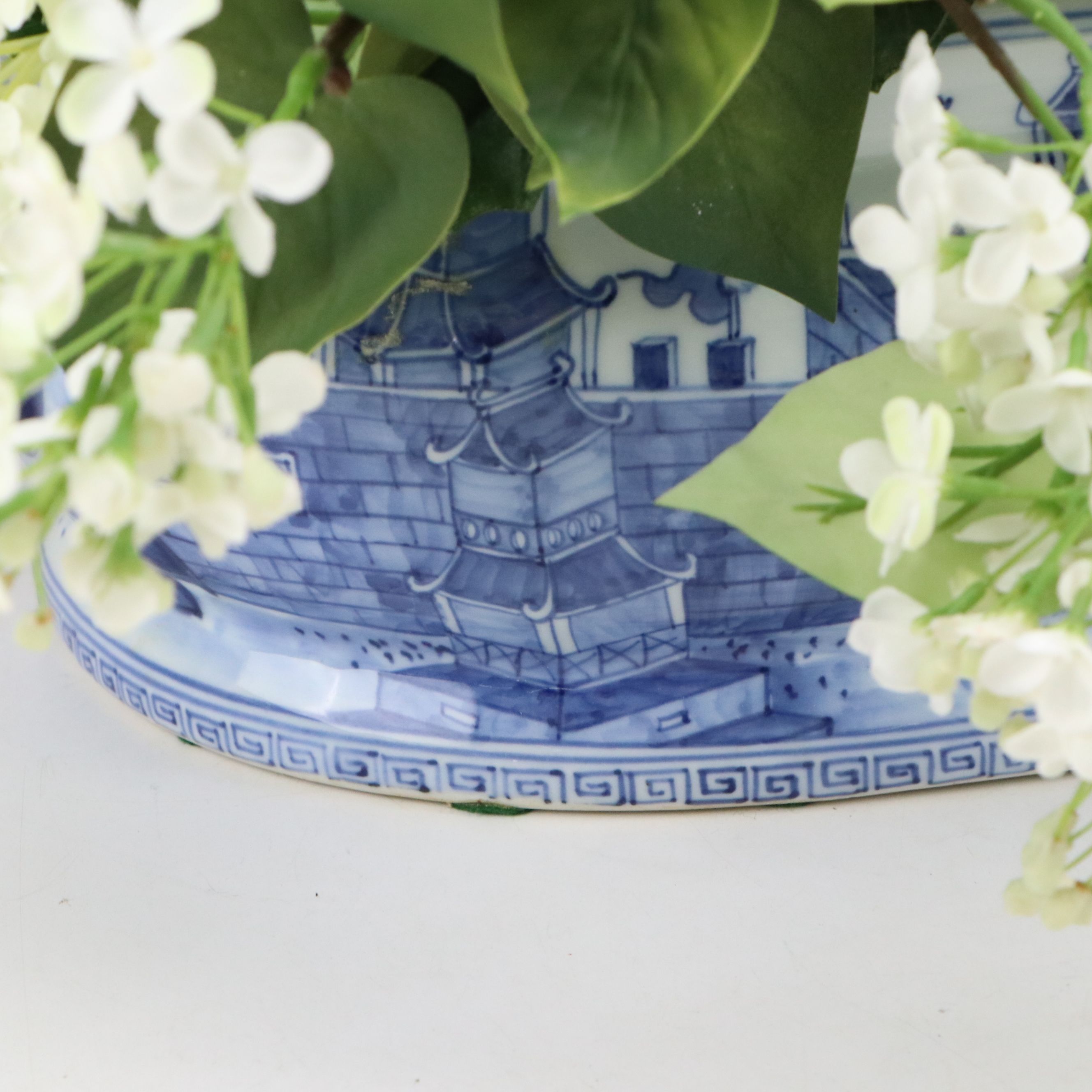Blue on White Porcelain Handled Planter with Artificial Flowers