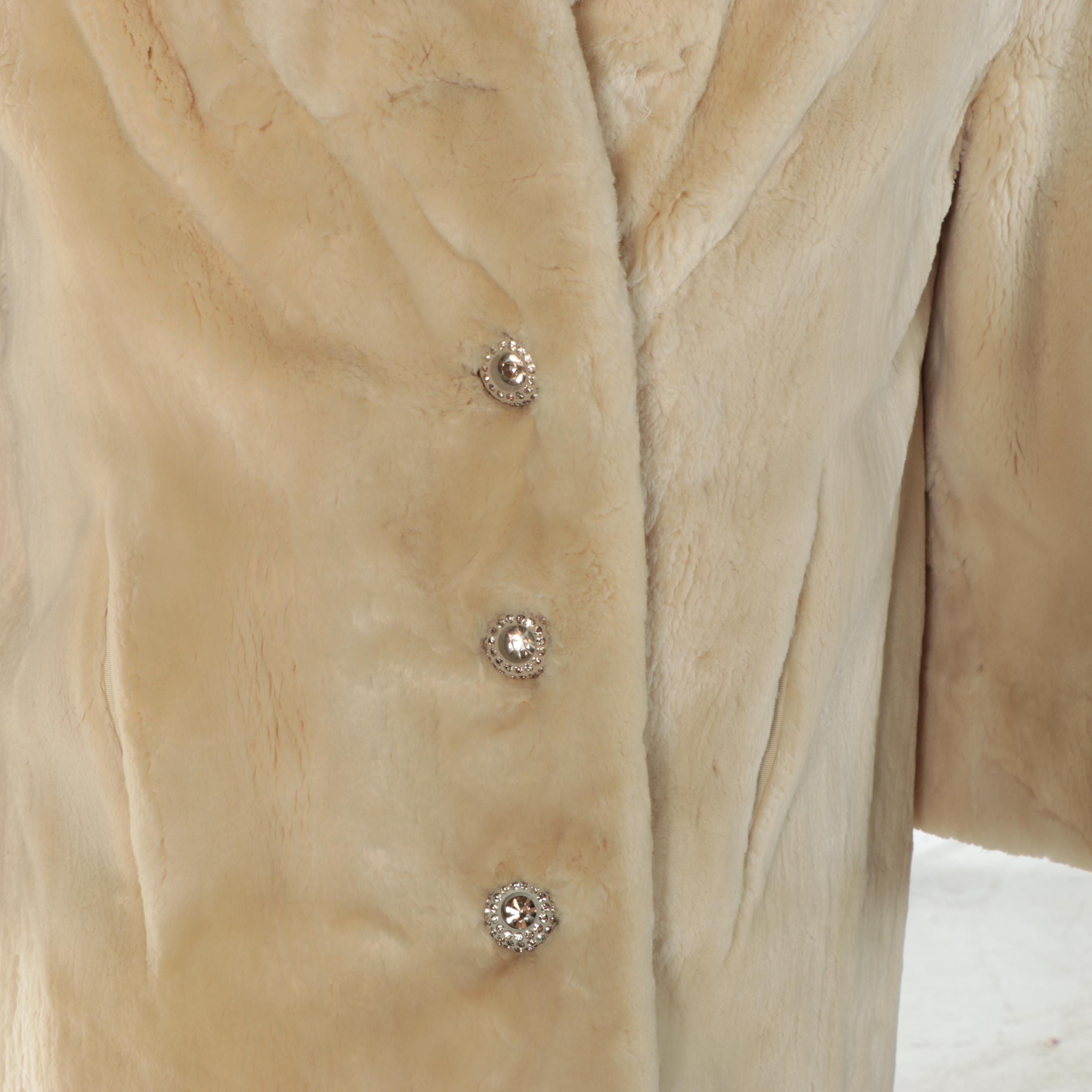 Bleached Sheared Beaver Fur Coat with Crystal Embellished Buttons