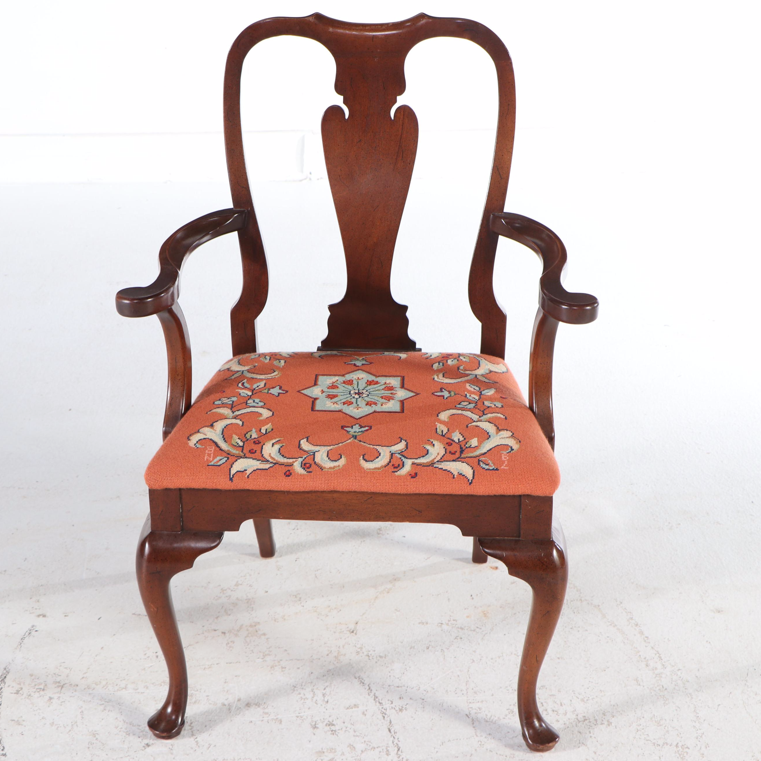 Queen Anne Style Mahogany Armchair with Needlepoint Seat