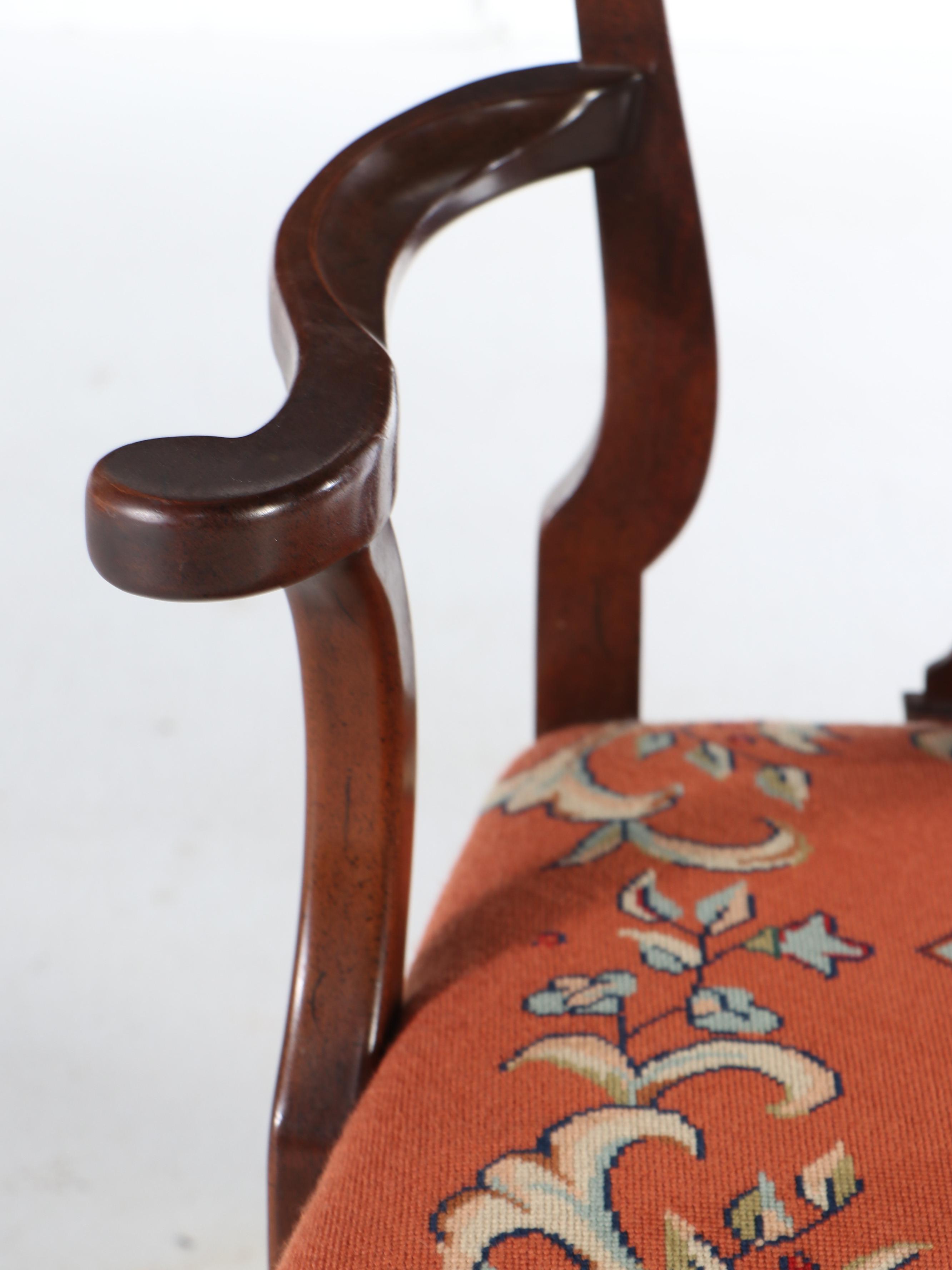 Queen Anne Style Mahogany Armchair with Needlepoint Seat