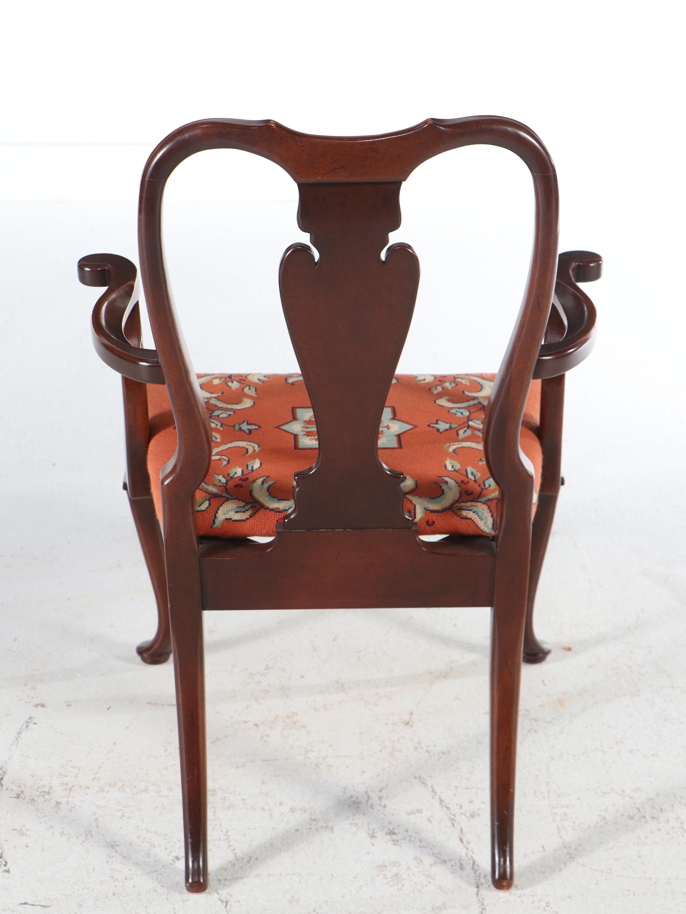 Queen Anne Style Mahogany Armchair with Needlepoint Seat