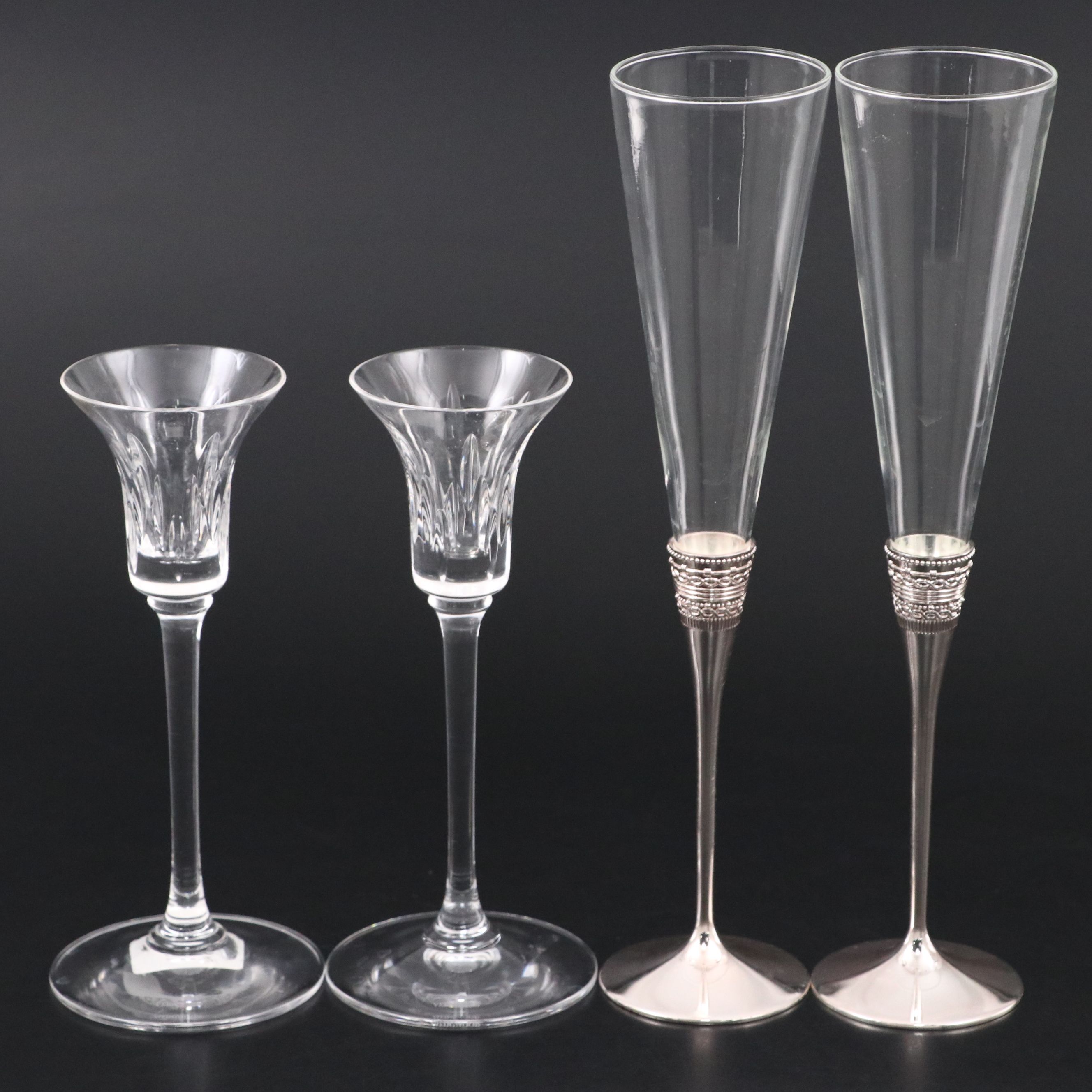 Wedgwood for Vera Wang Metal Base Glass Champagne Flues with Glass Candlesticks