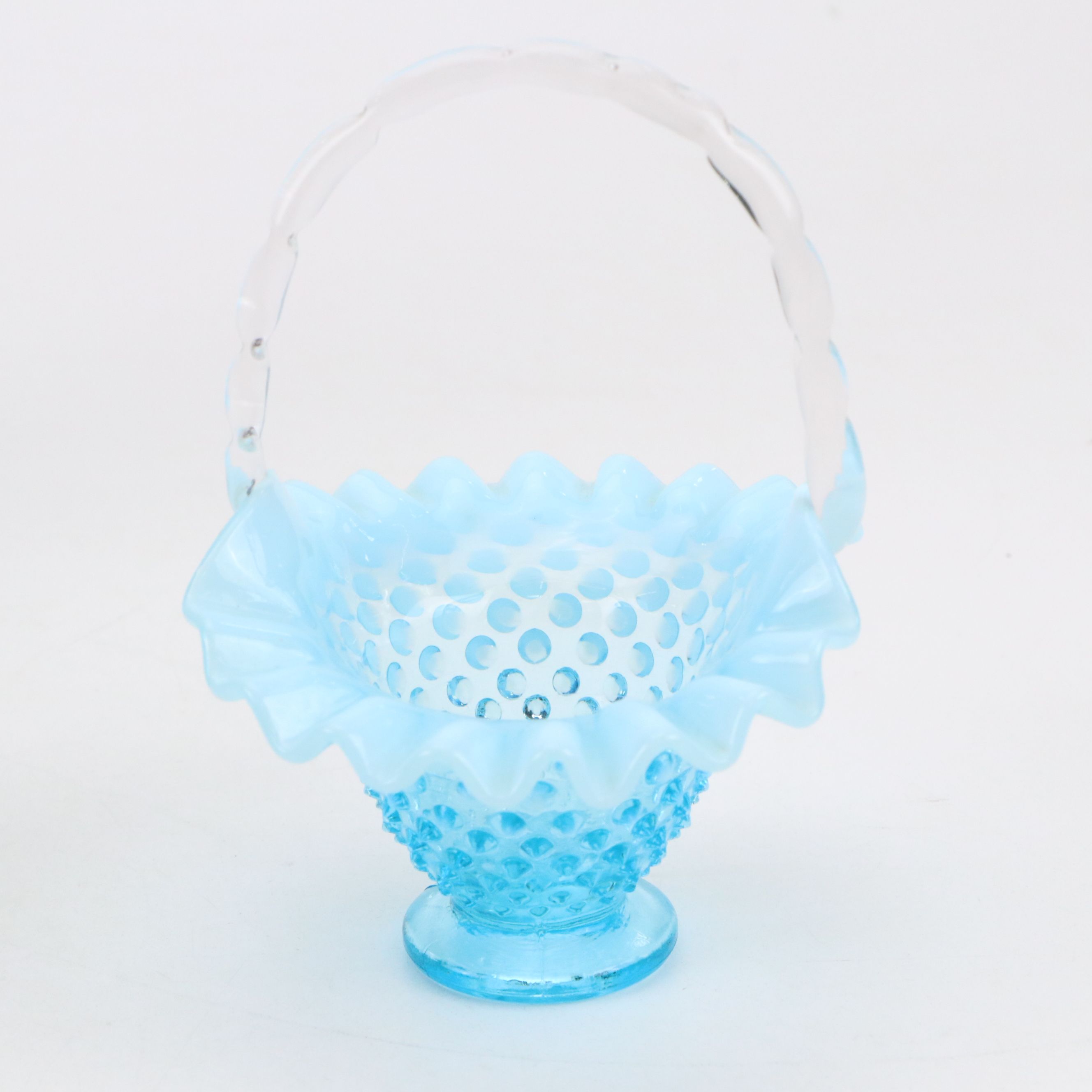 A. J. Beatty & Sons Celery Vase with Fenton Blue Hobnail Baskets and Bowl