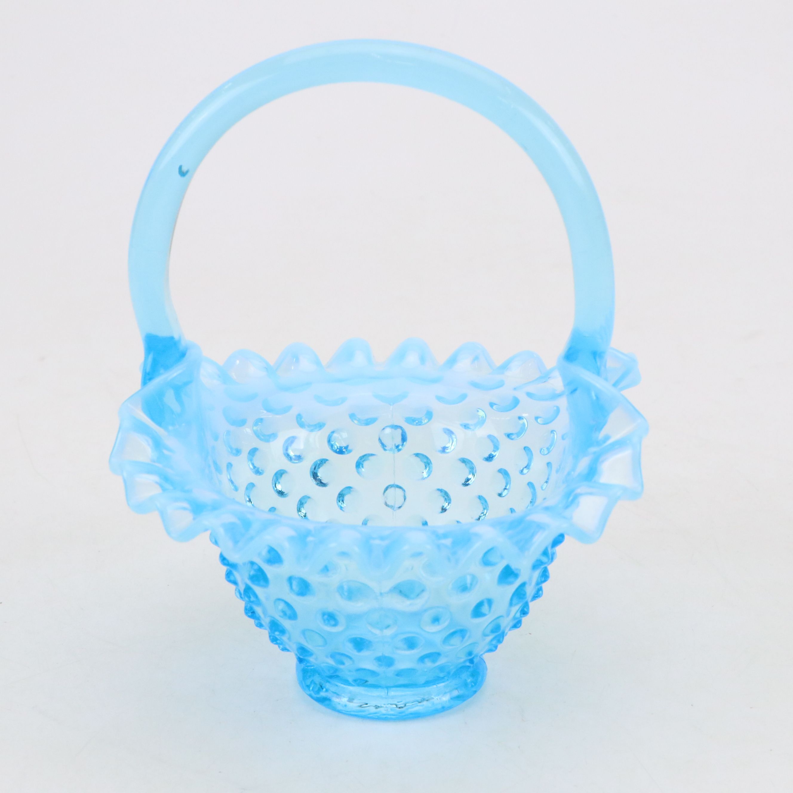 A. J. Beatty & Sons Celery Vase with Fenton Blue Hobnail Baskets and Bowl