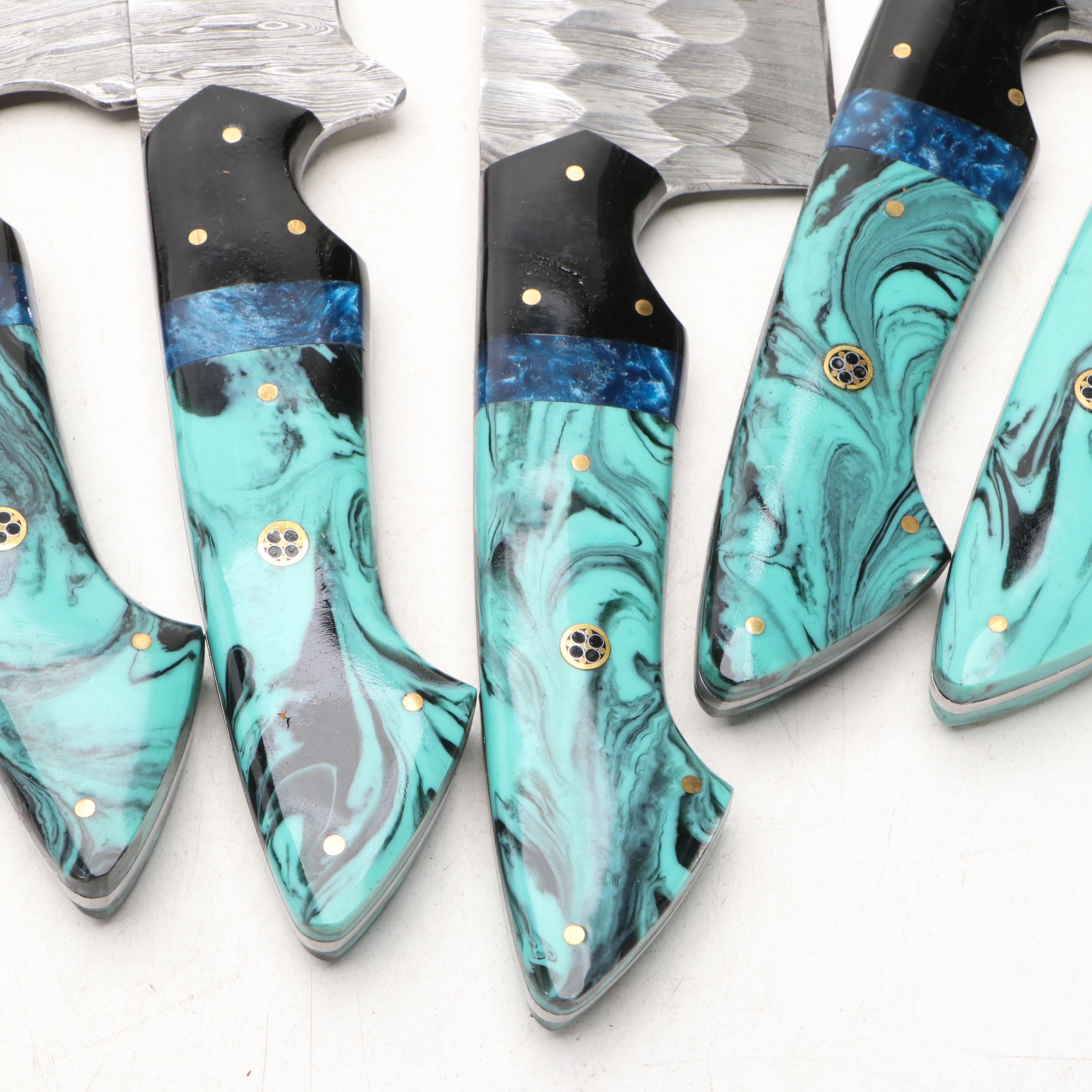 Damascus Steel and Marbled Resin Chef's Knife Set in Suede Leather Roll