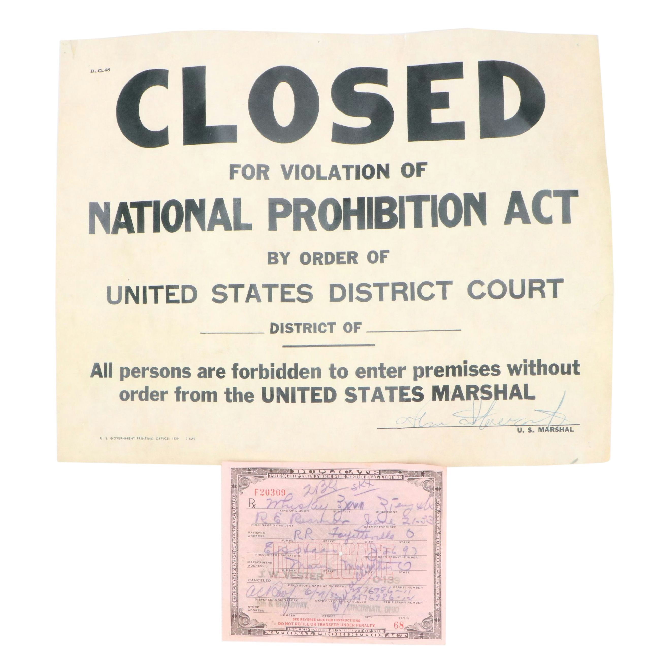 Prohibition Style Whisky Prescription Form with Reproduction Sign