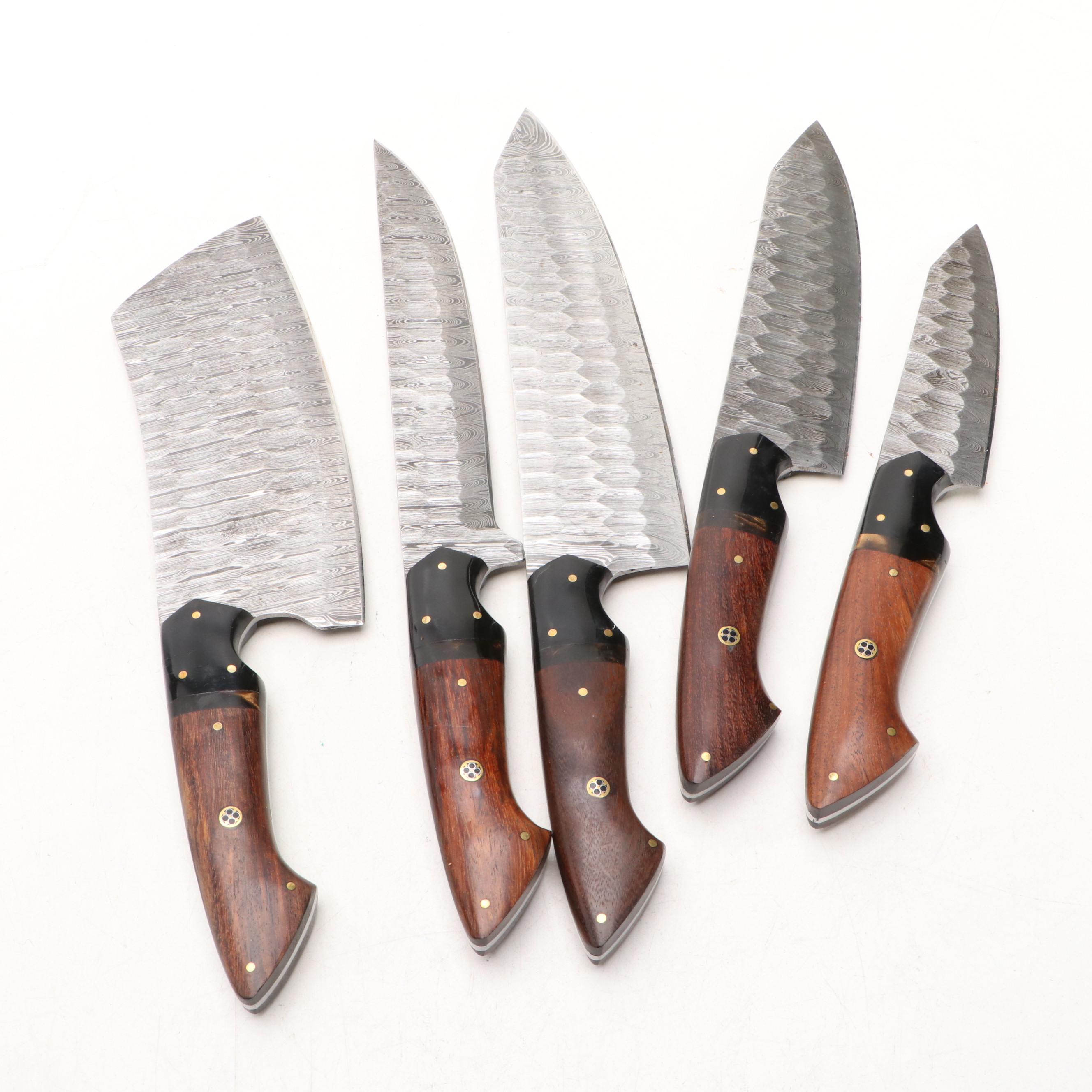 Damascus Steel and Wooden Handled Chef's Knife Set in Suede Leather Roll