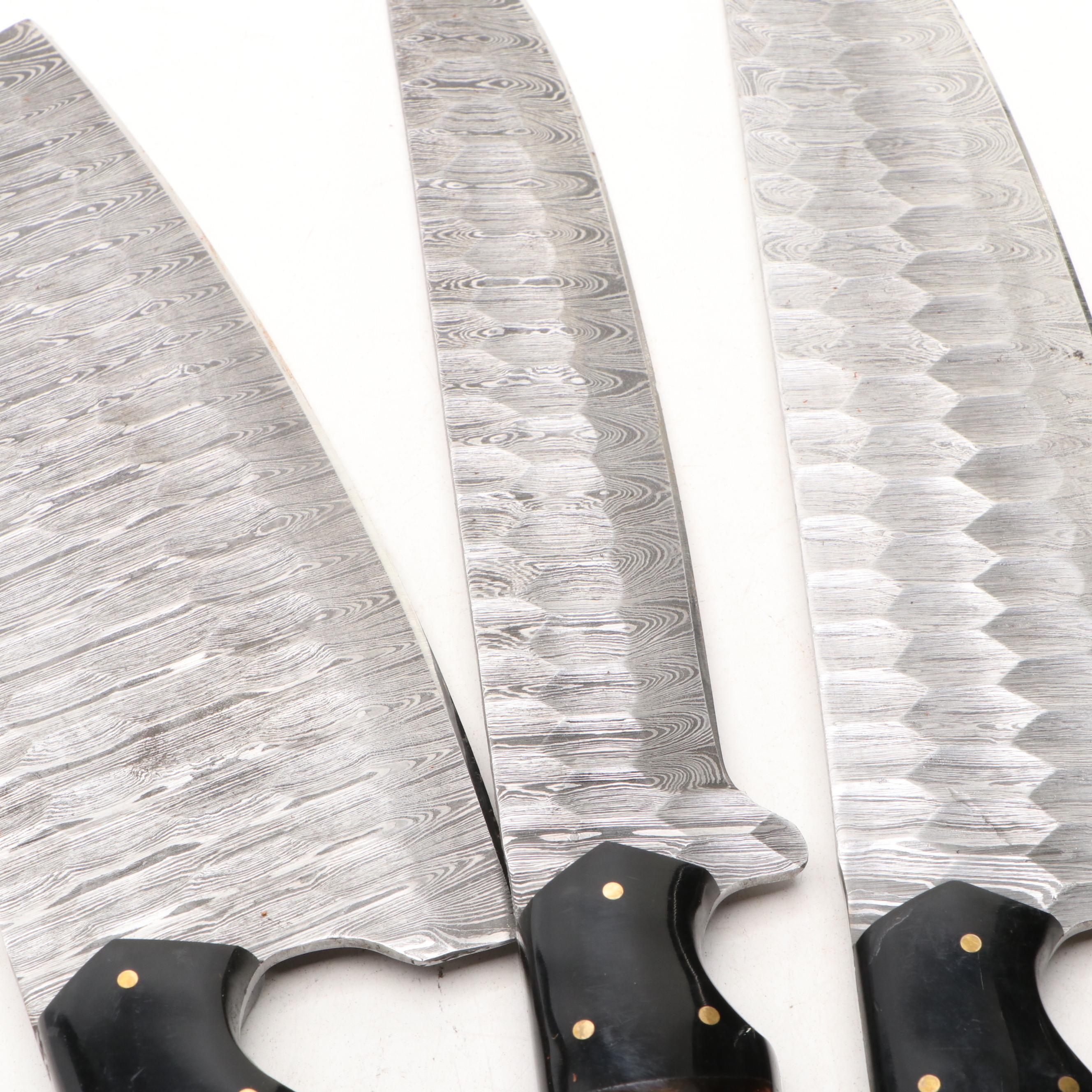 Damascus Steel and Wooden Handled Chef's Knife Set in Suede Leather Roll