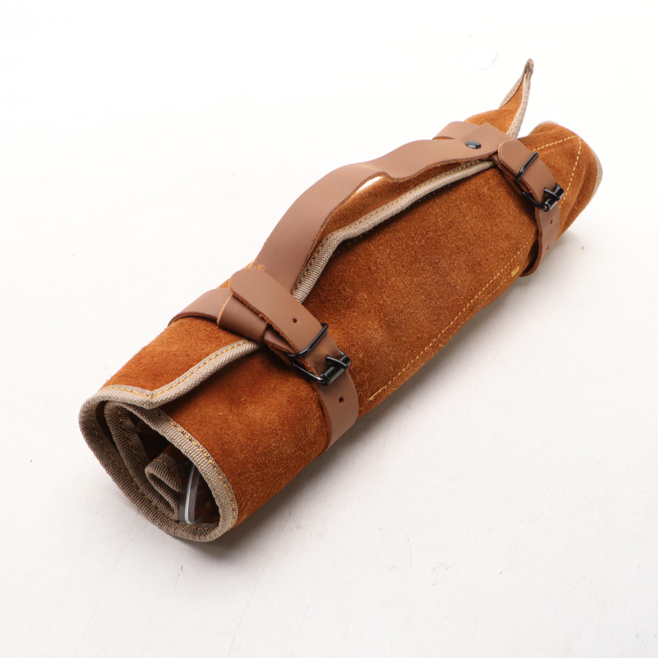 Damascus Steel and Wooden Handled Chef's Knife Set in Suede Leather Roll