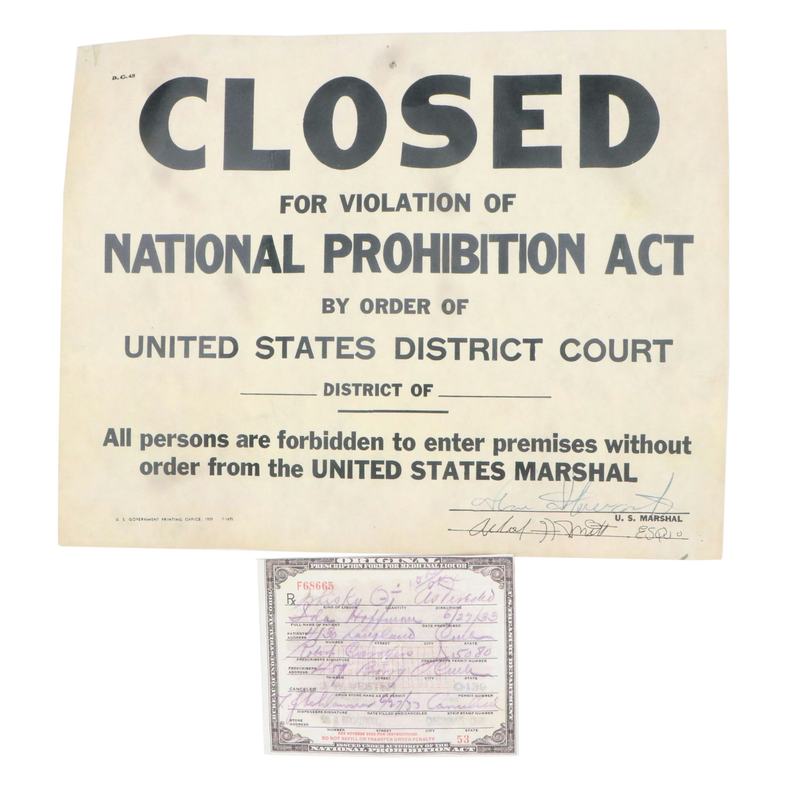 Prohibition Style Whisky Prescription Form with Reproduction Sign