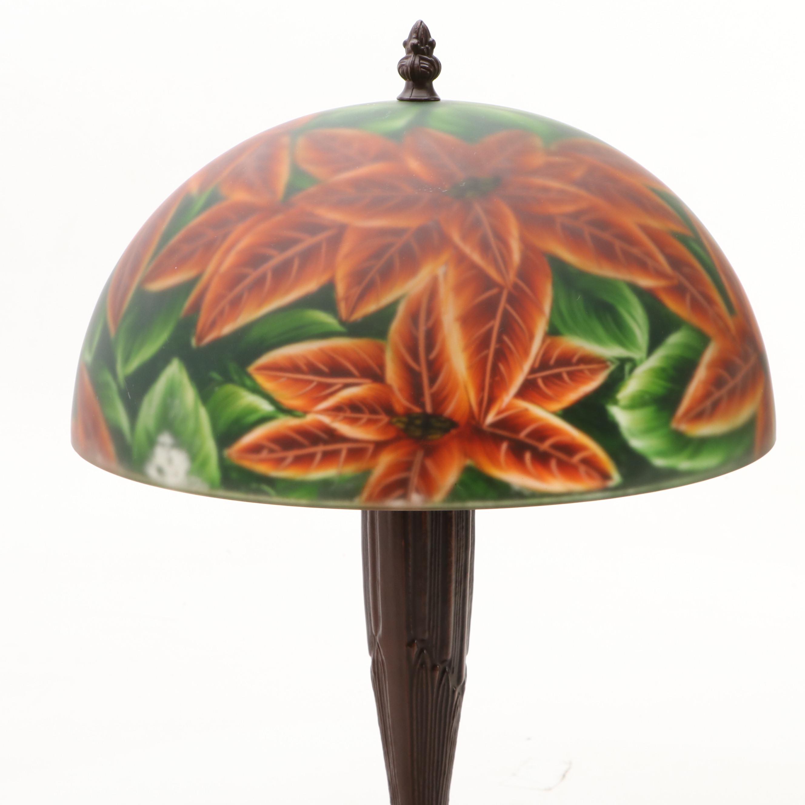 Art Nouveau Style Bronzed Metal Table Lamp with Reverse Painted Poinsettia Shade