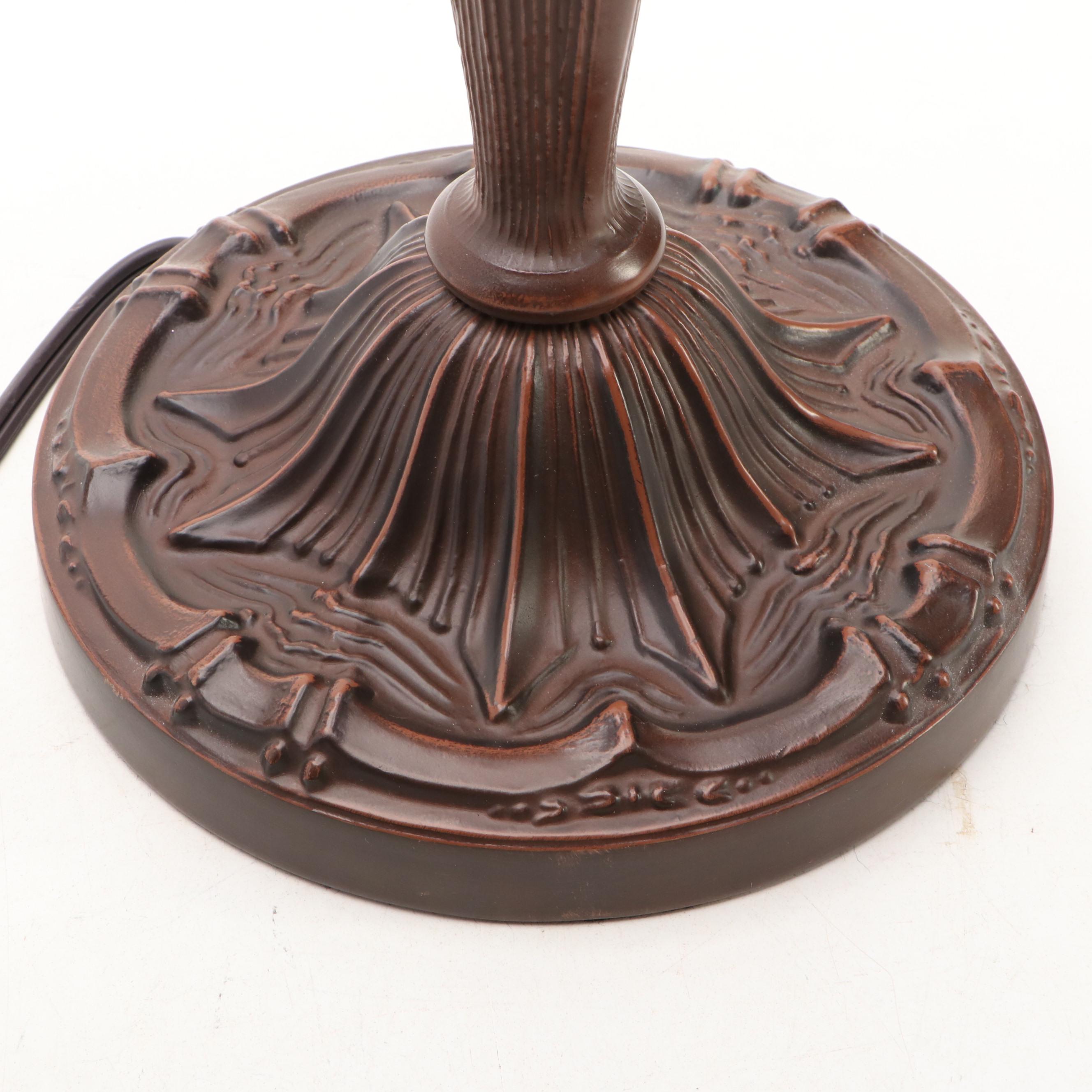 Art Nouveau Style Bronzed Metal Table Lamp with Reverse Painted Poinsettia Shade