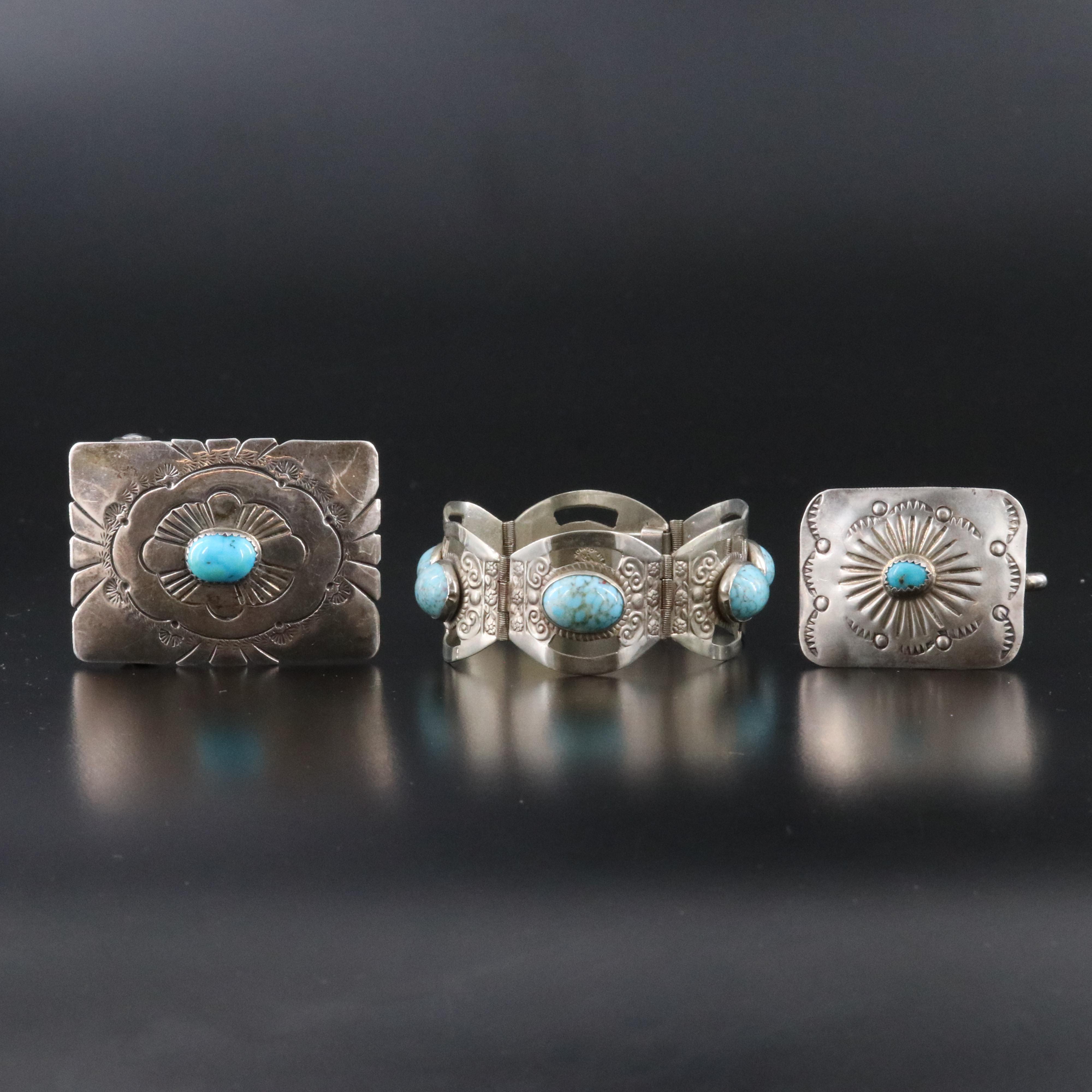 Mexican Bracelet with Southwestern Sterling Turquoise Belt Buckles