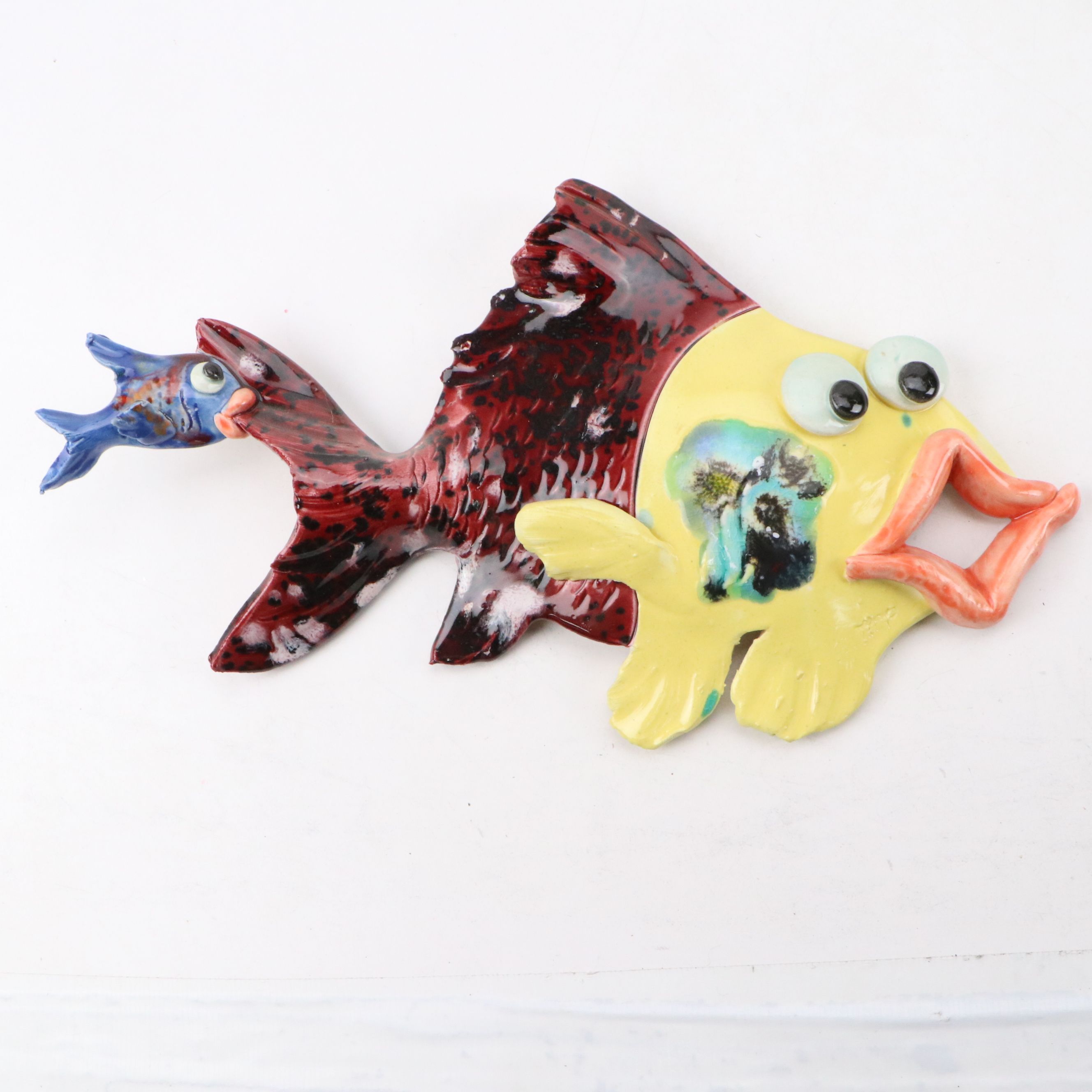 Richard and Gita Peek Hand-Painted Wall Hanging Ceramic Fishes and Seahorse