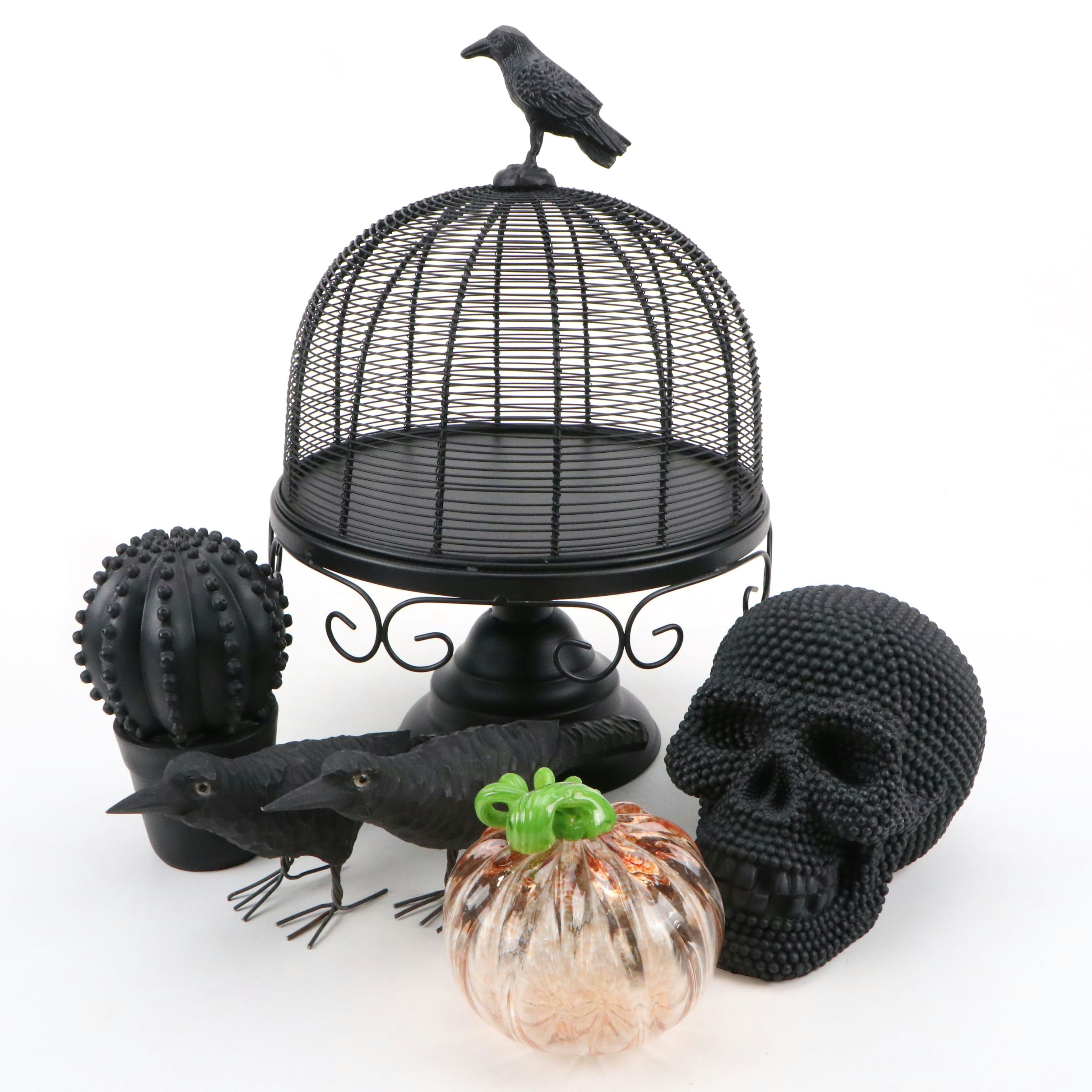 Filigree Wire Raven Cake Stand and Glass Pumpkin with More Halloween Décor