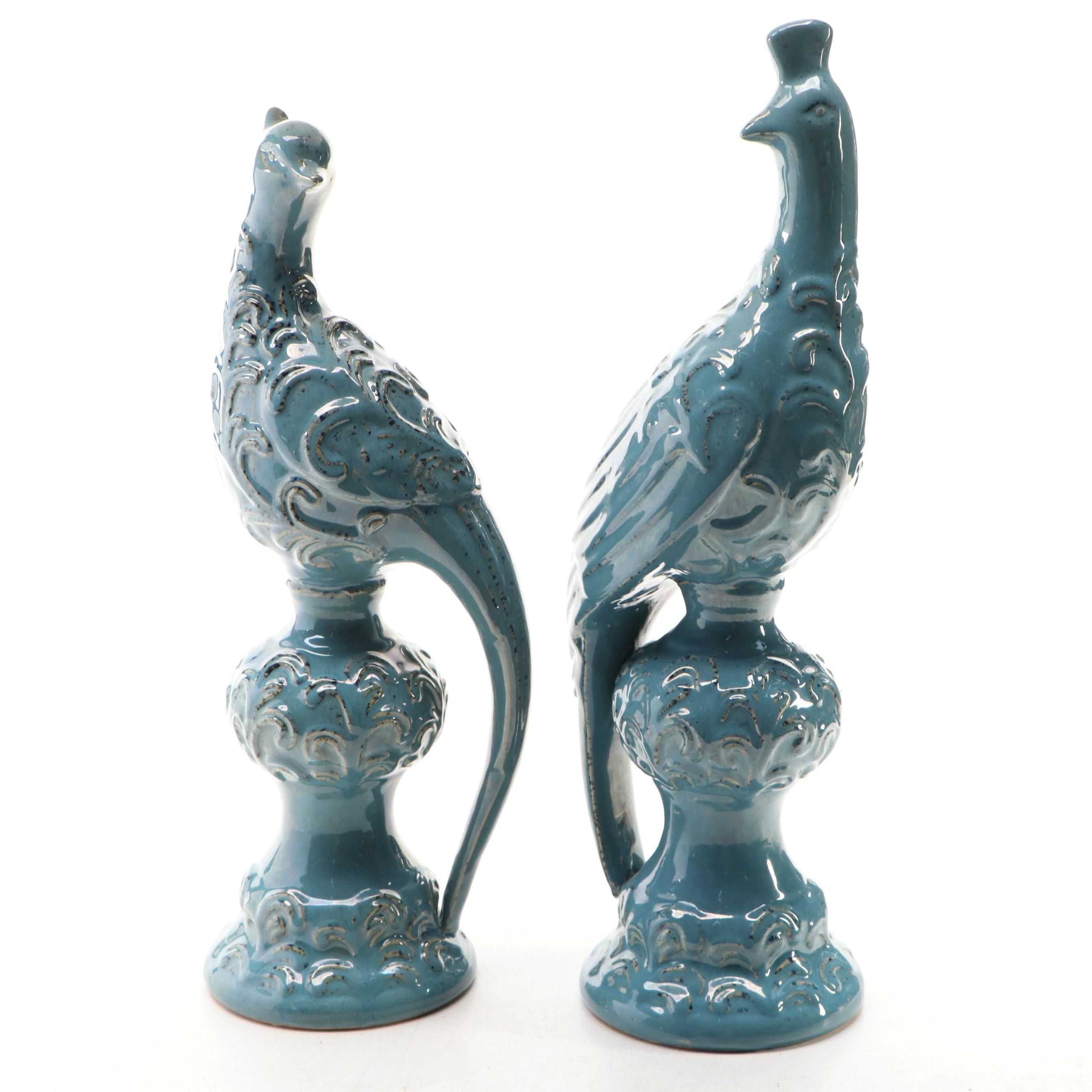 Pair of Blue Speckle Glaze Ceramic Peacocks