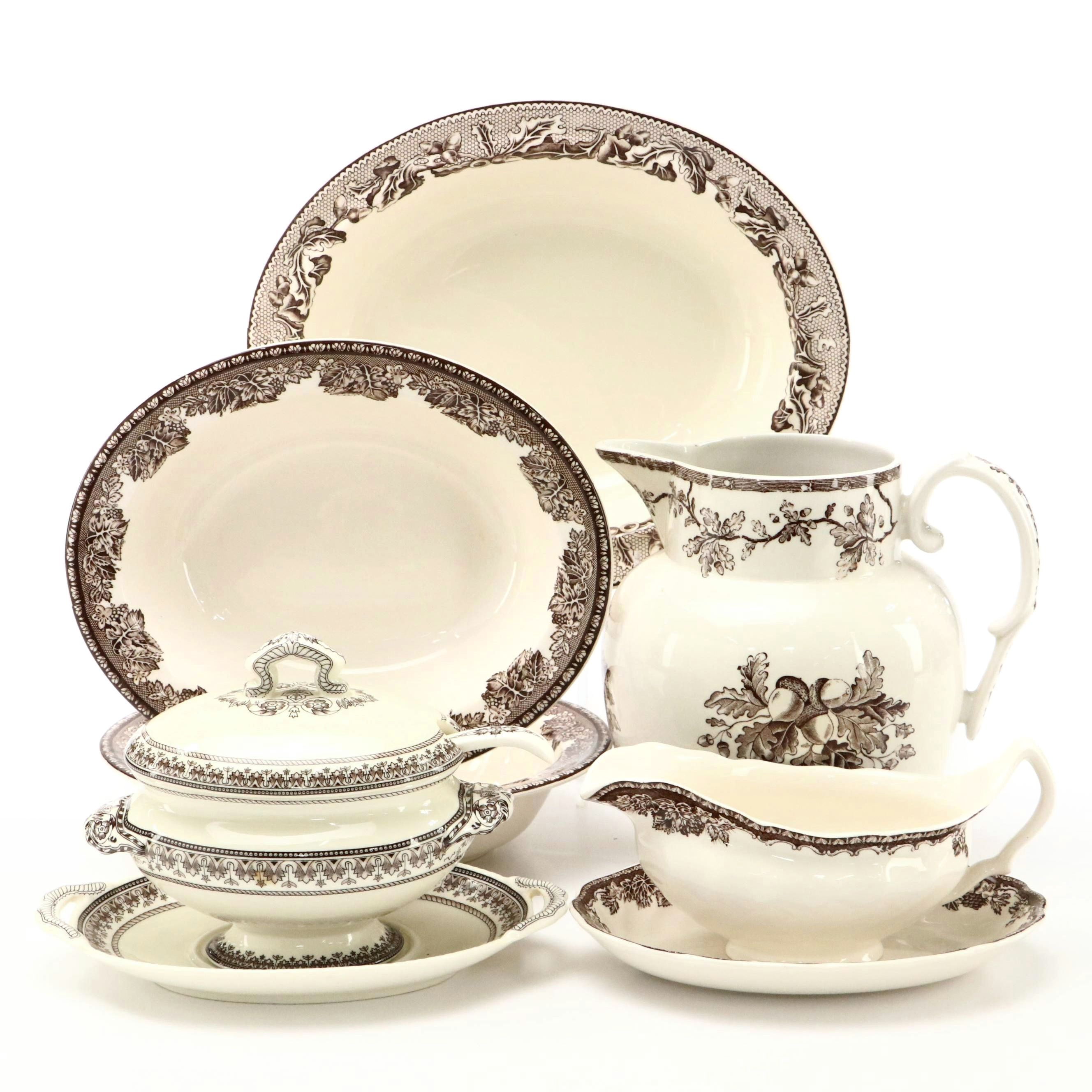 William-Sonoma Brown Transferware Pitcher, Bowls and Gravy Boat with Tureen