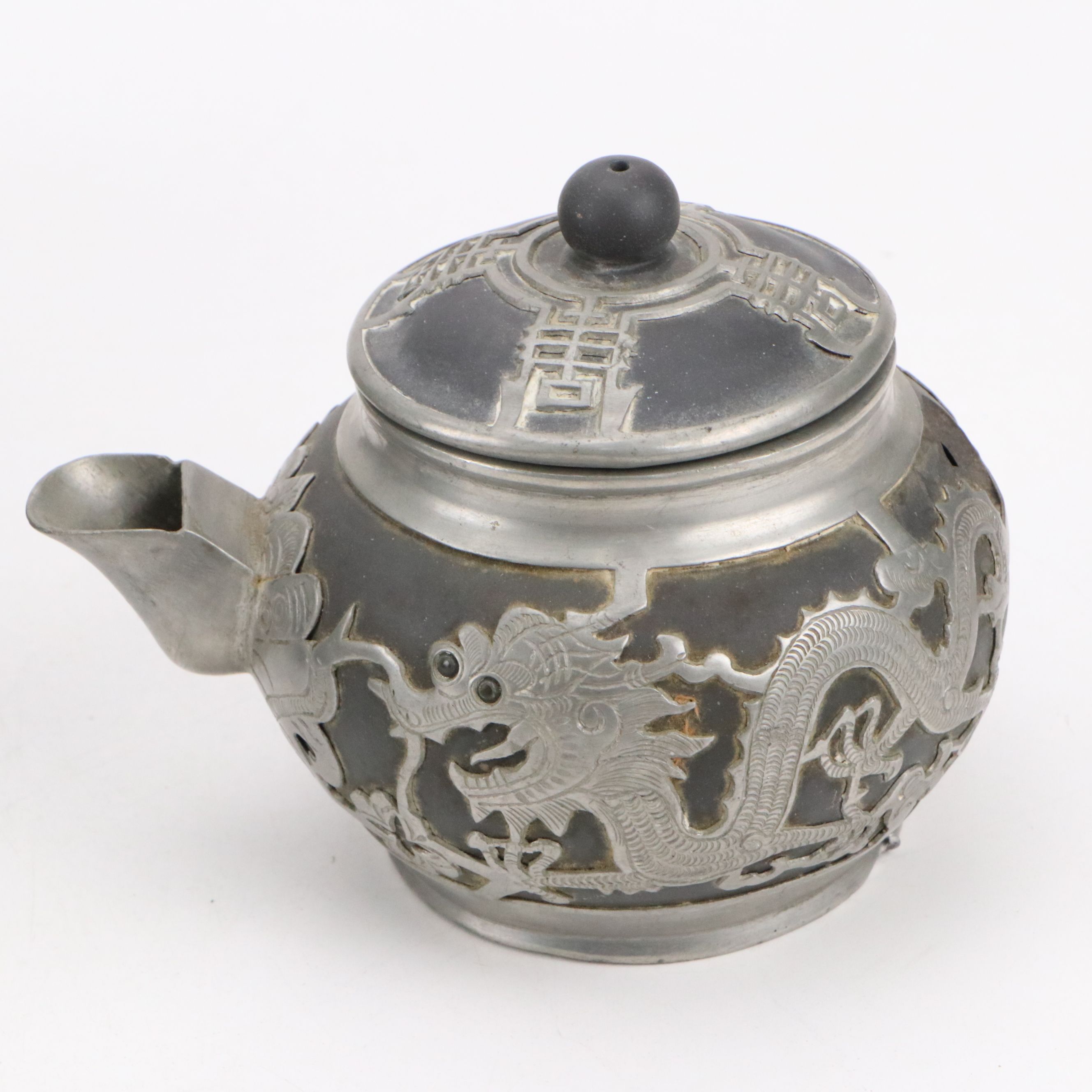 Chinese Dragon Metal Wrapped Ceramic Teapots with Creamers and Sugar