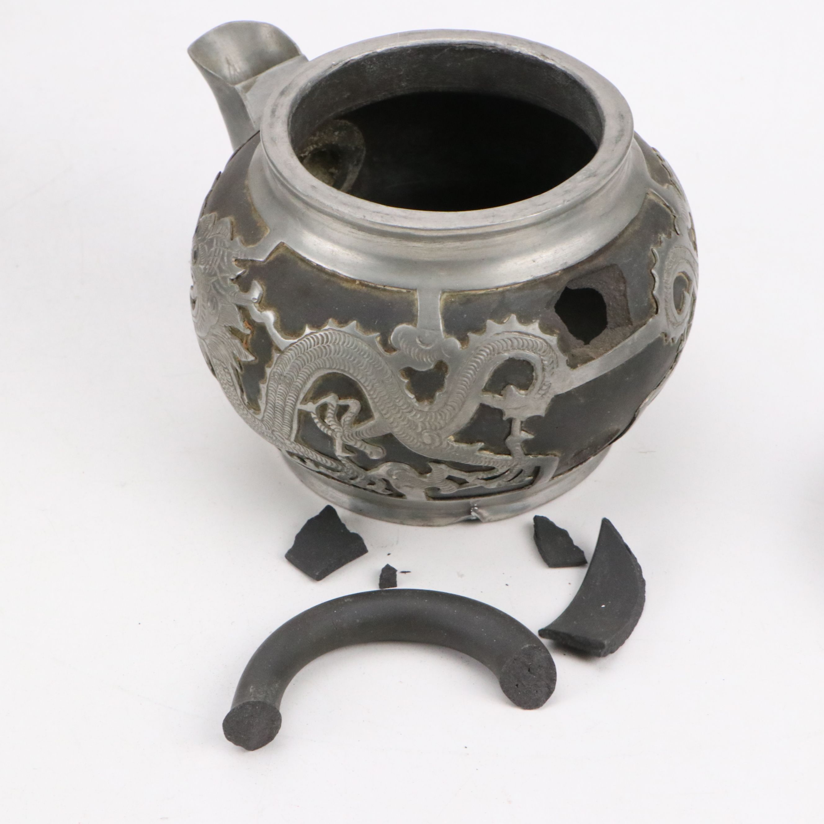 Chinese Dragon Metal Wrapped Ceramic Teapots with Creamers and Sugar