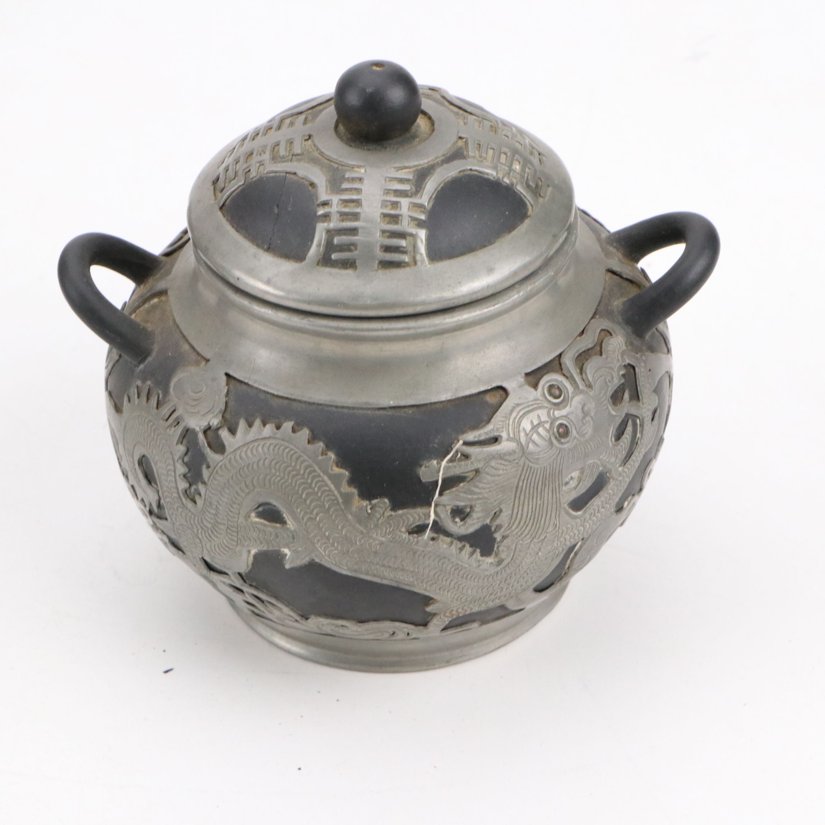 Chinese Dragon Metal Wrapped Ceramic Teapots with Creamers and Sugar