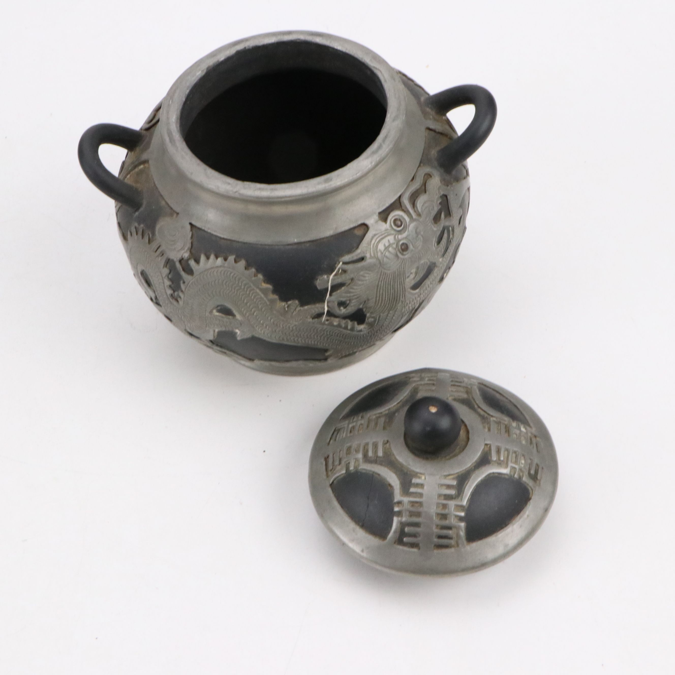 Chinese Dragon Metal Wrapped Ceramic Teapots with Creamers and Sugar