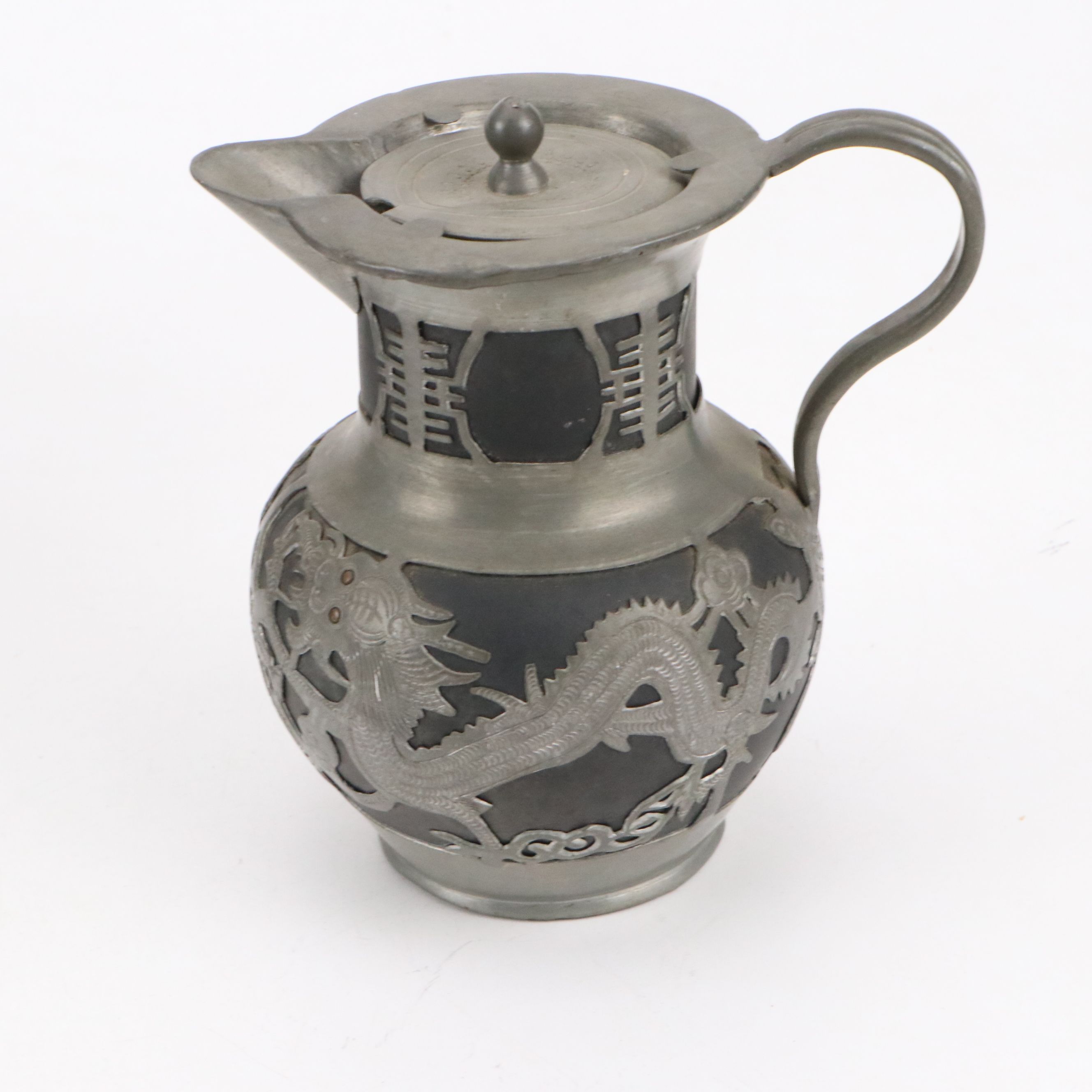 Chinese Dragon Metal Wrapped Ceramic Teapots with Creamers and Sugar