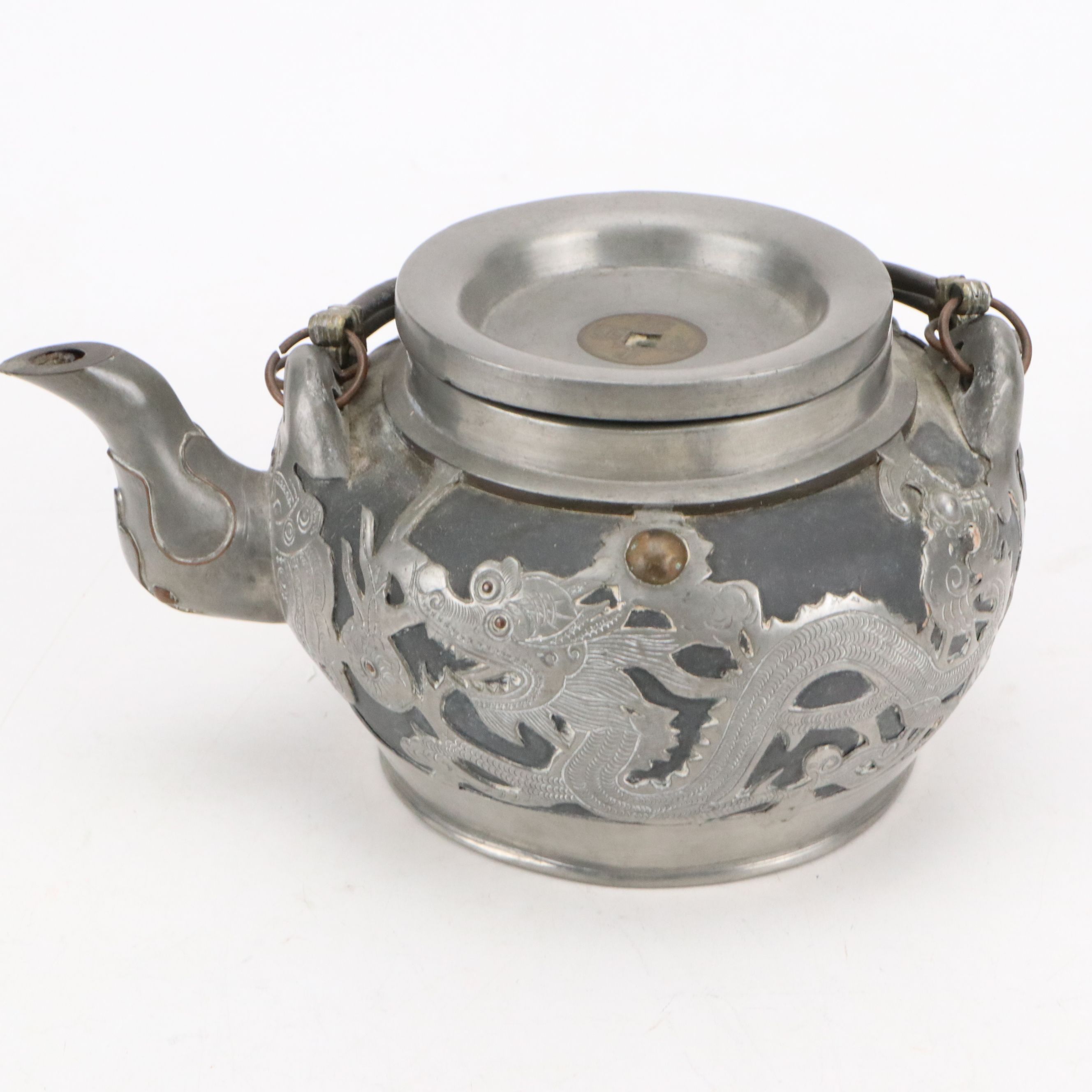 Chinese Dragon Metal Wrapped Ceramic Teapots with Creamers and Sugar