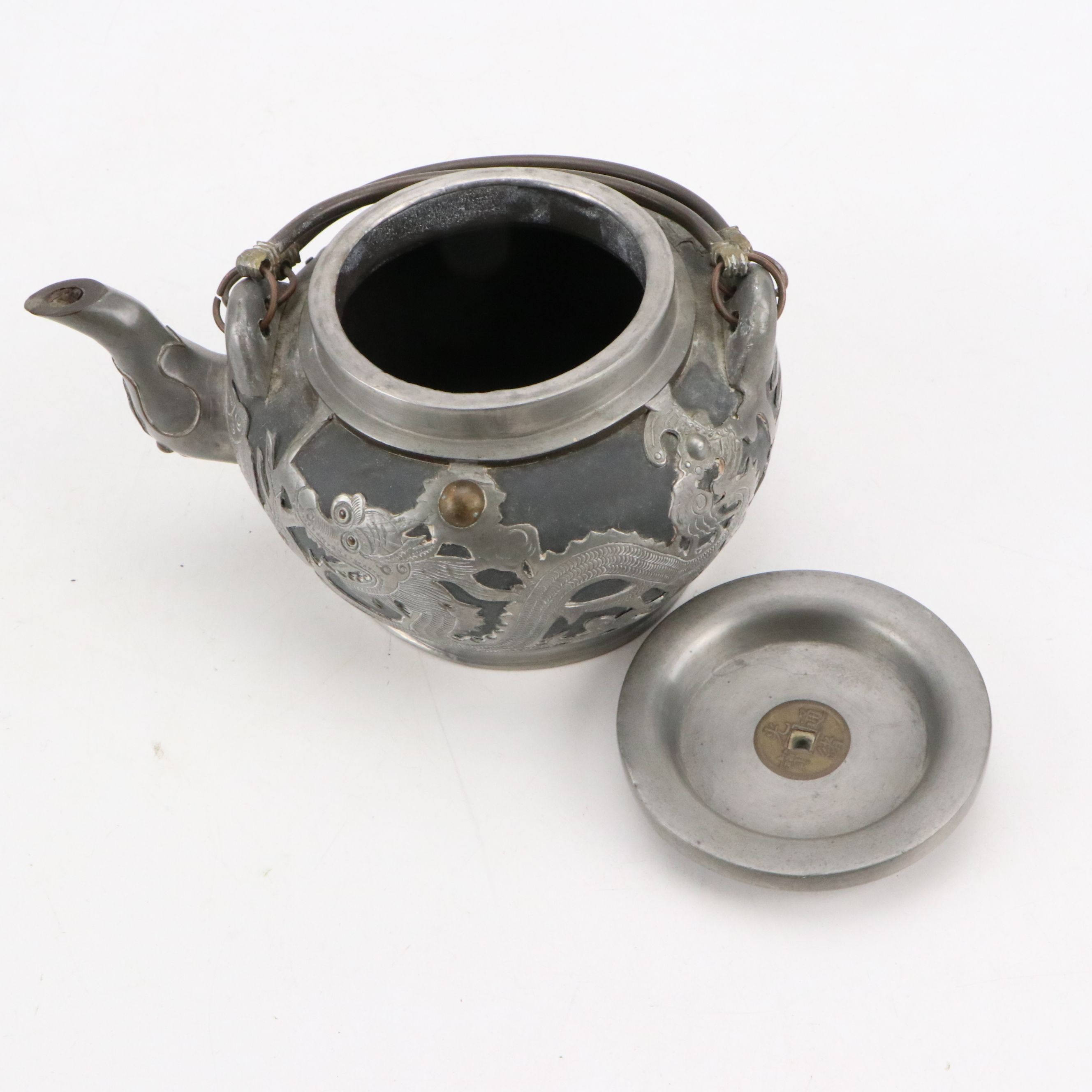 Chinese Dragon Metal Wrapped Ceramic Teapots with Creamers and Sugar