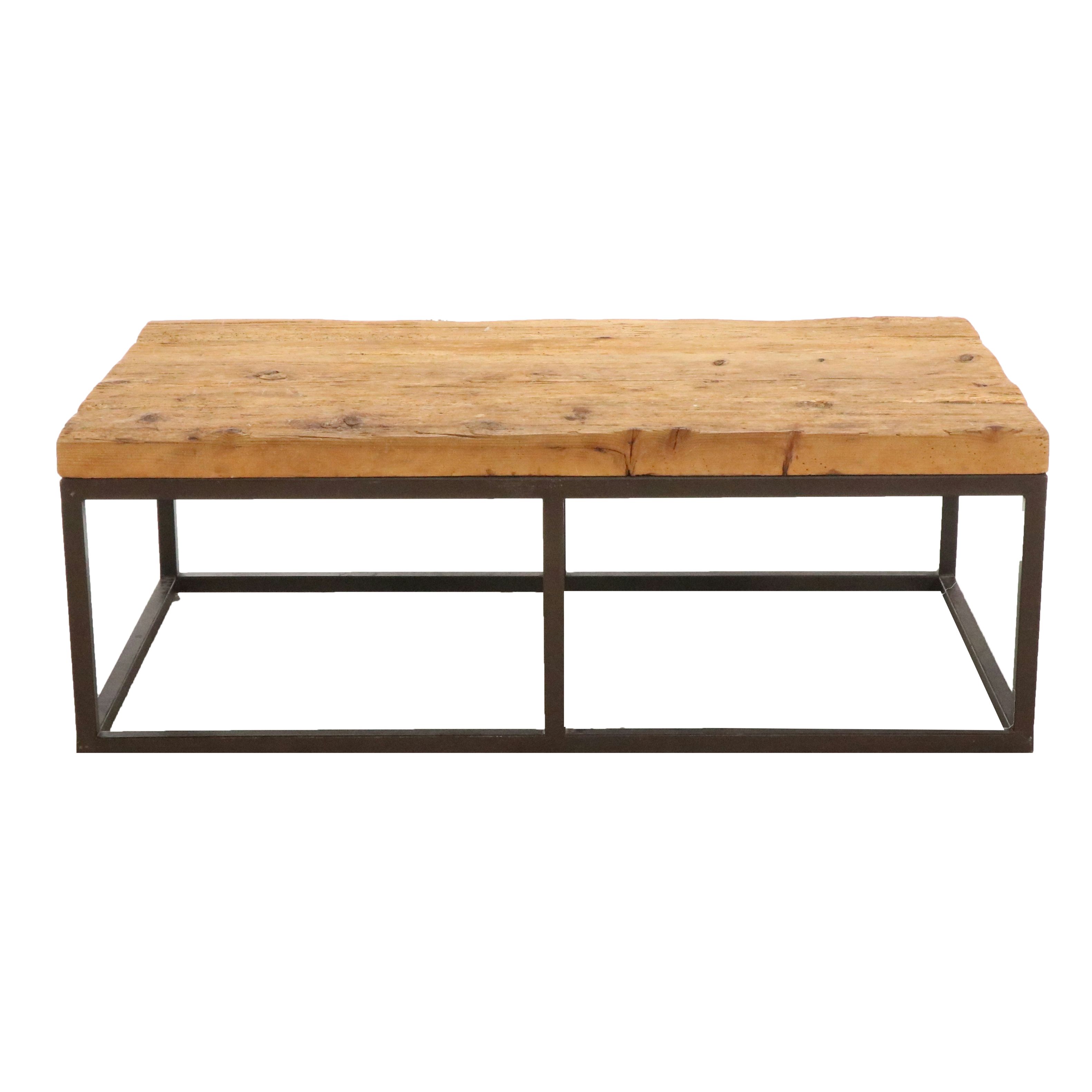 Contemporary Industrial Style Wooden Coffee Table with Metal Base