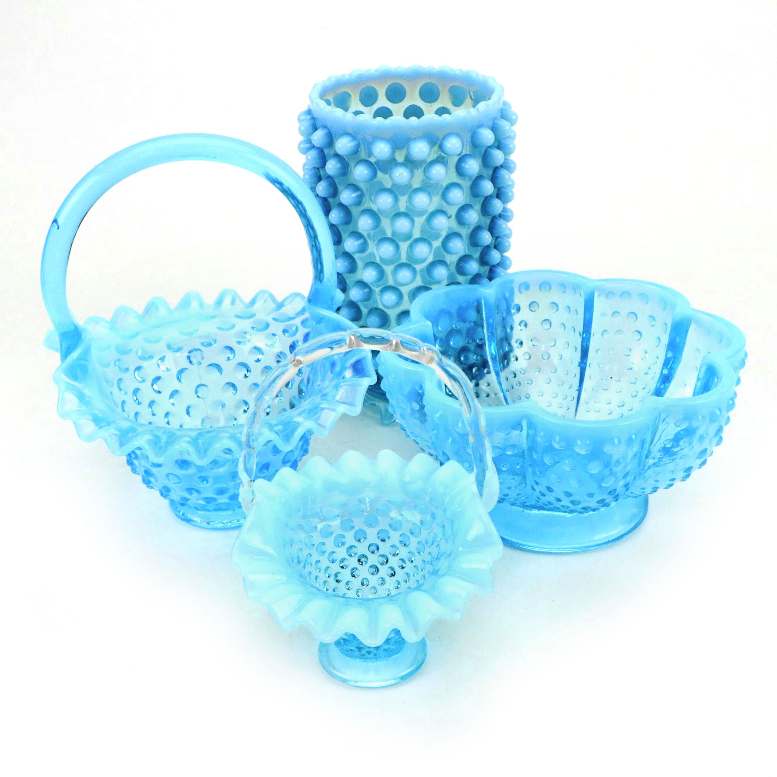 A. J. Beatty & Sons Celery Vase with Fenton Blue Hobnail Baskets and Bowl