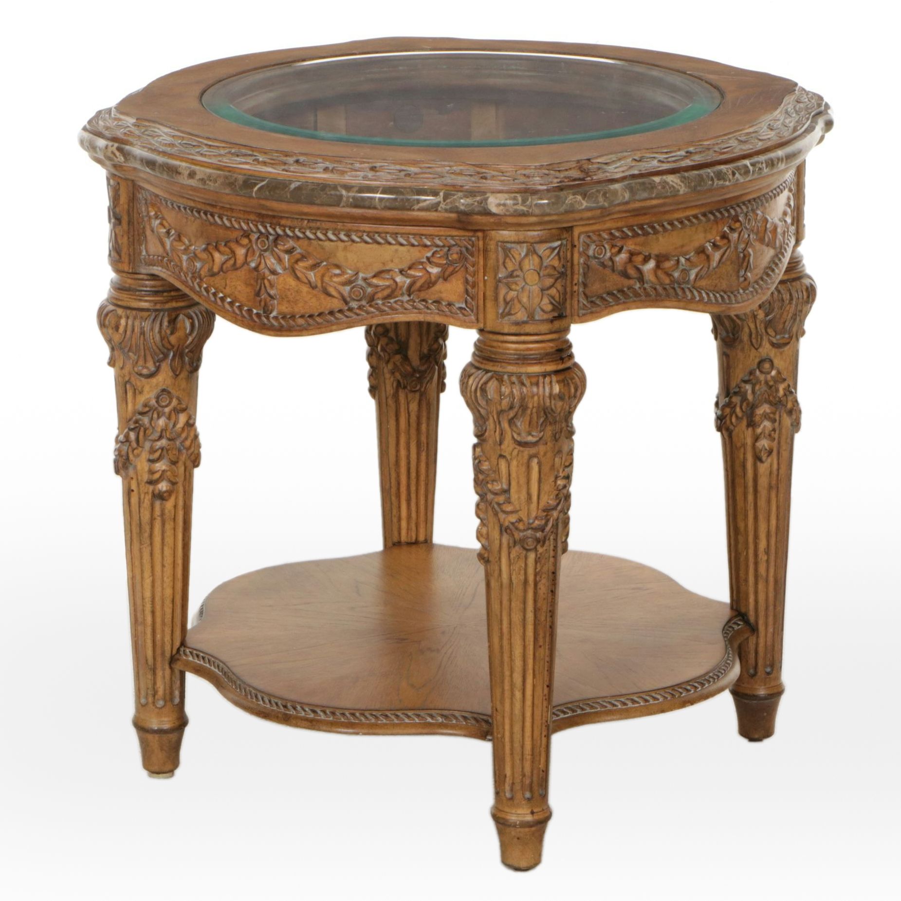 Schnadig Neoclassical Style Accent Table with Glass Top and Marble Edge Trim