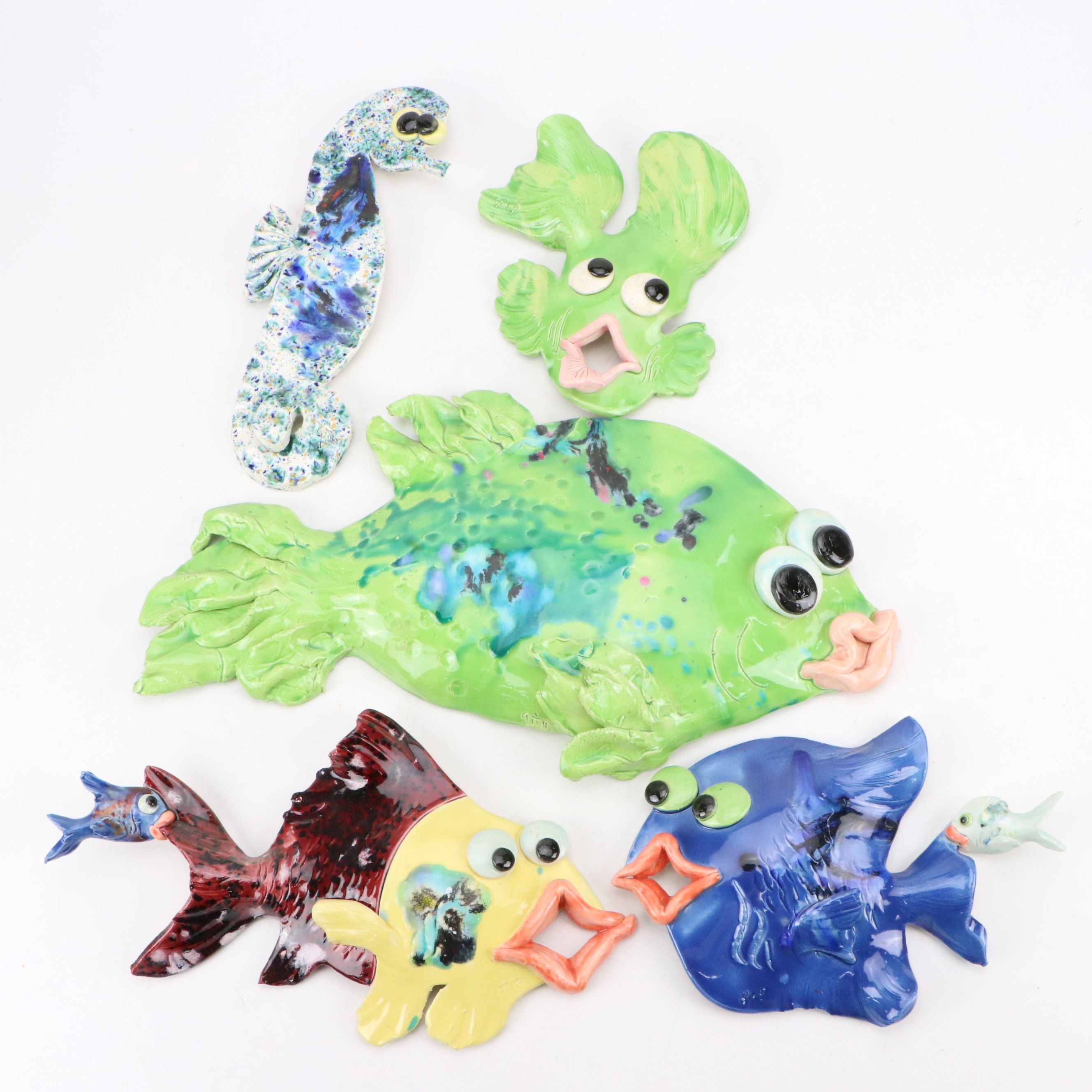 Richard and Gita Peek Hand-Painted Wall Hanging Ceramic Fishes and Seahorse
