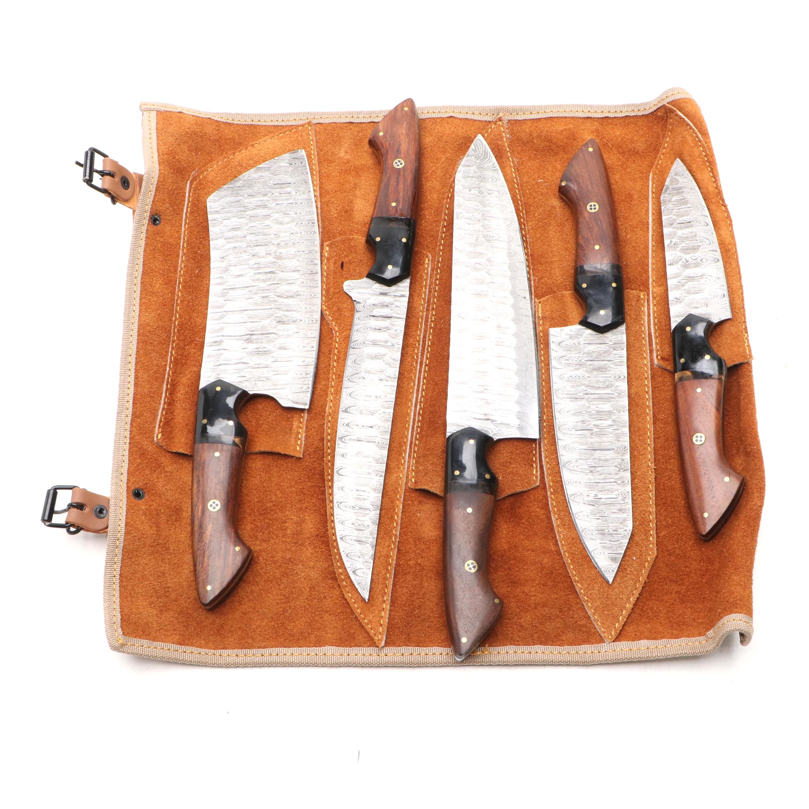 Damascus Steel and Wooden Handled Chef's Knife Set in Suede Leather Roll