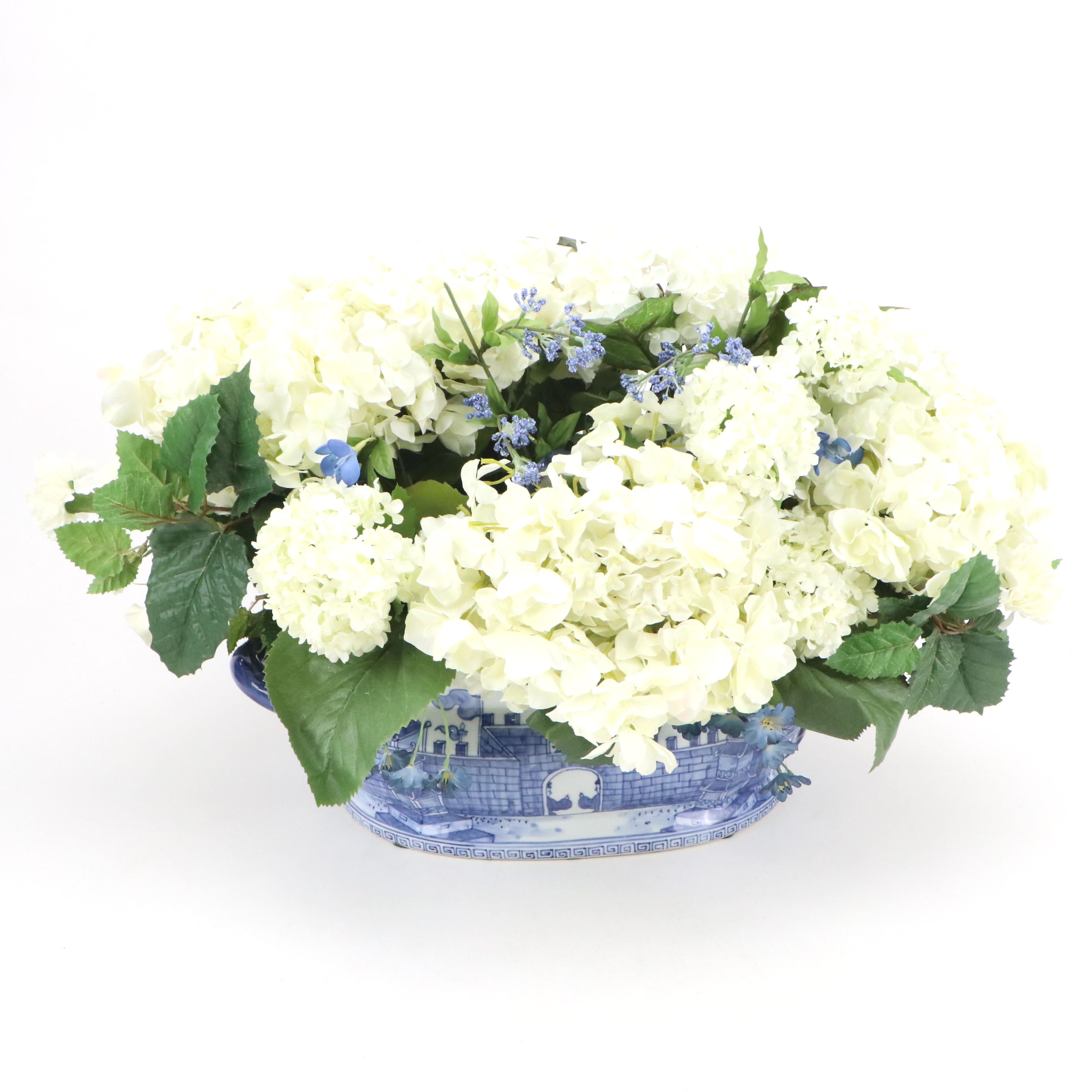 Blue on White Porcelain Handled Planter with Artificial Flowers