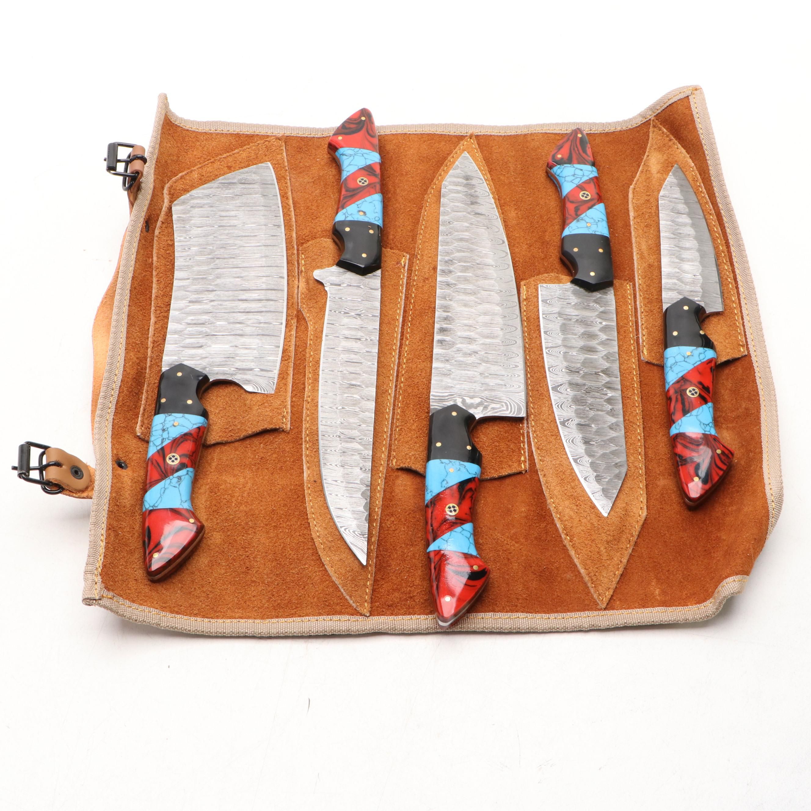 Damascus Steel and Marbled Resin Chef's Knife Set in Suede Leather Roll