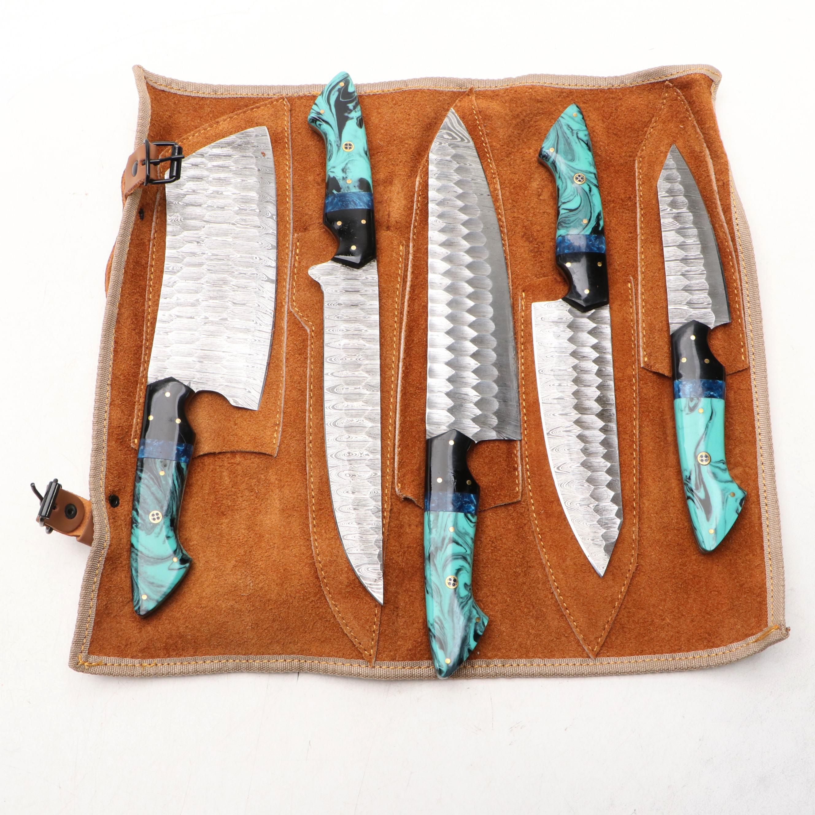 Damascus Steel and Marbled Resin Chef's Knife Set in Suede Leather Roll