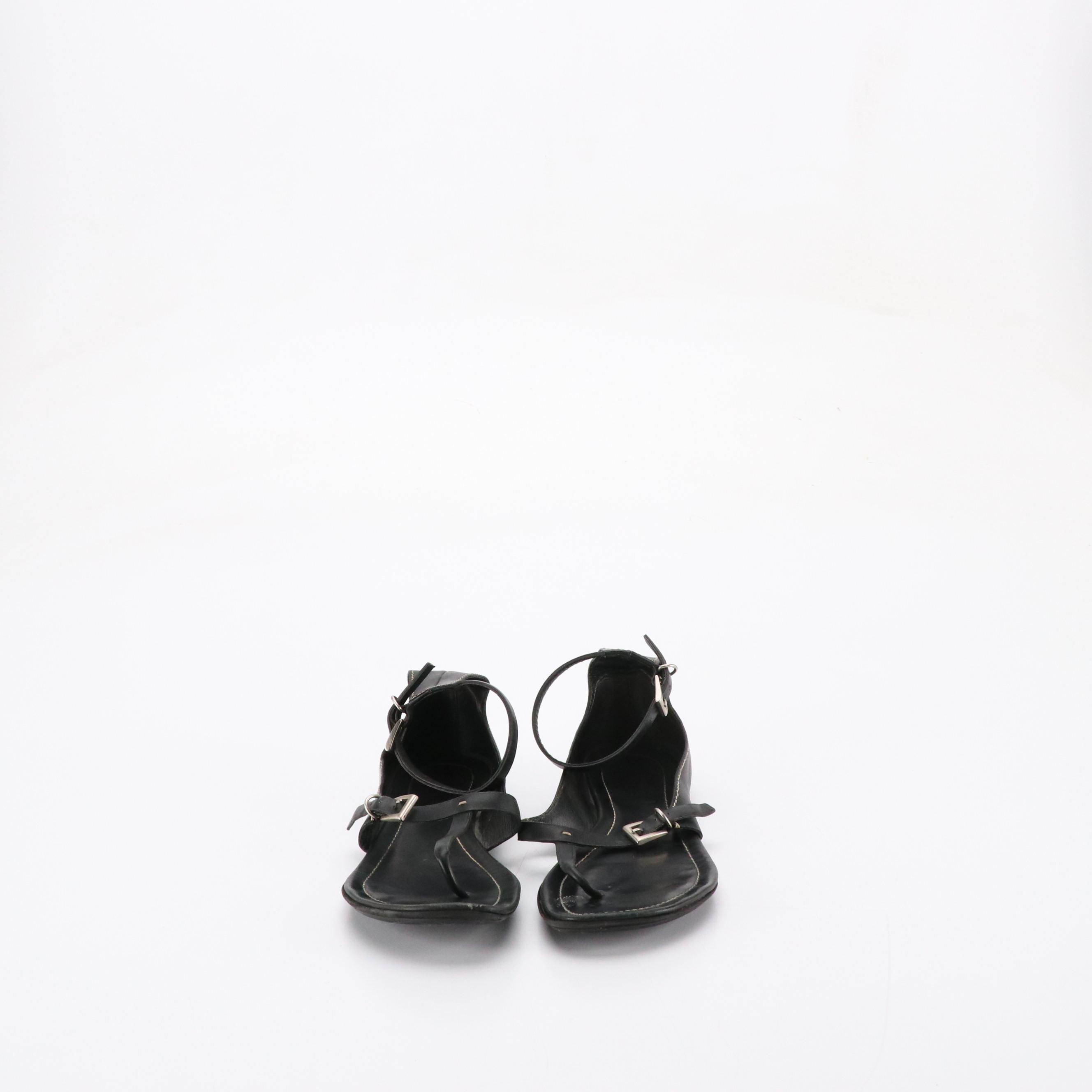 Prada Black Leather T-Strap and Ankle Strap Flat Sandals