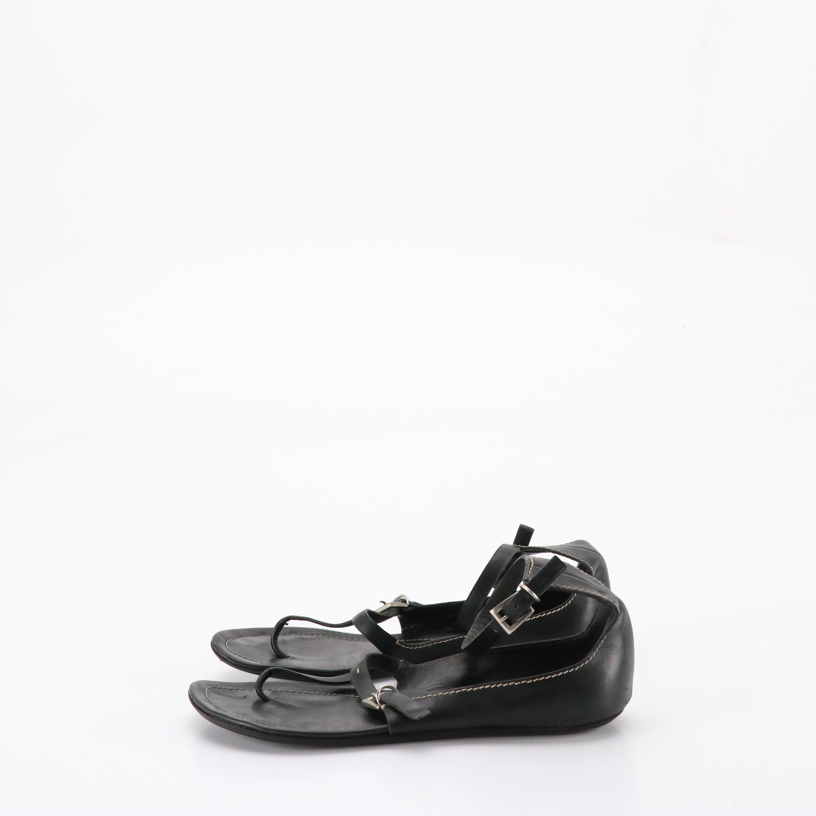 Prada Black Leather T-Strap and Ankle Strap Flat Sandals
