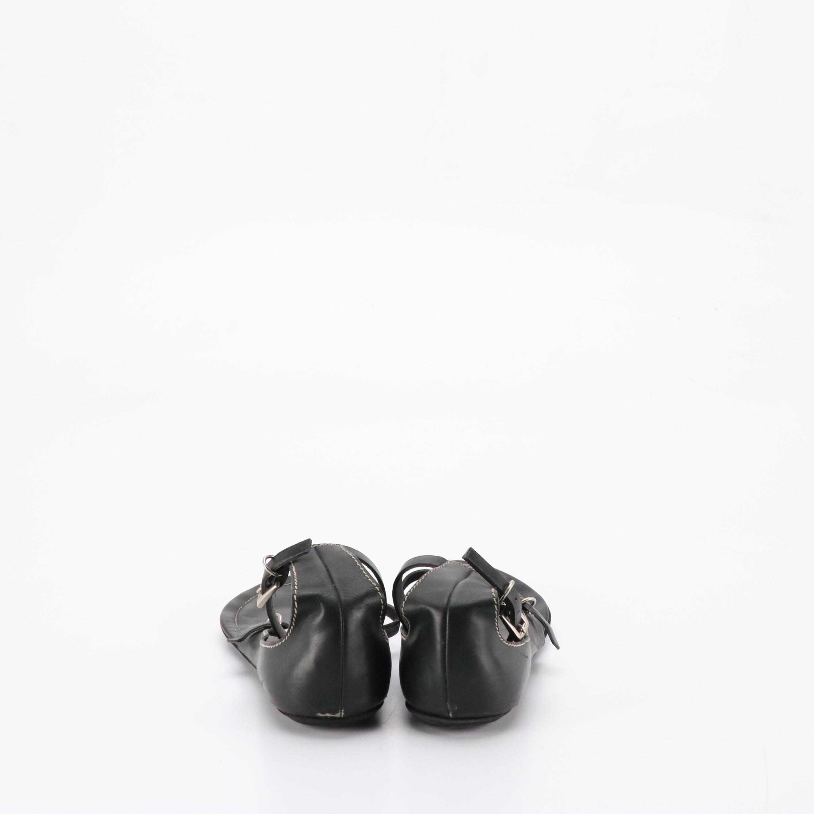 Prada Black Leather T-Strap and Ankle Strap Flat Sandals