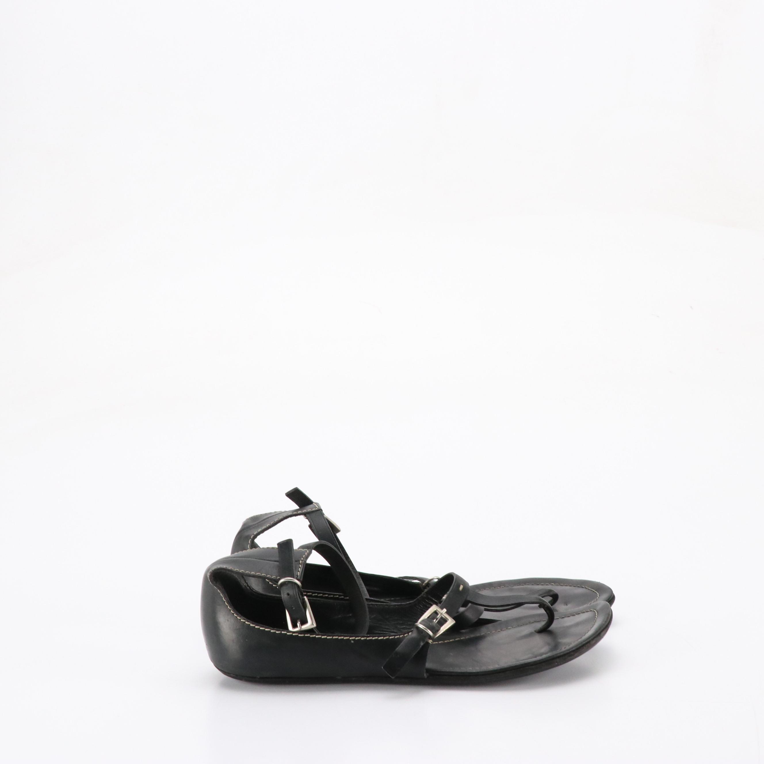 Prada Black Leather T-Strap and Ankle Strap Flat Sandals