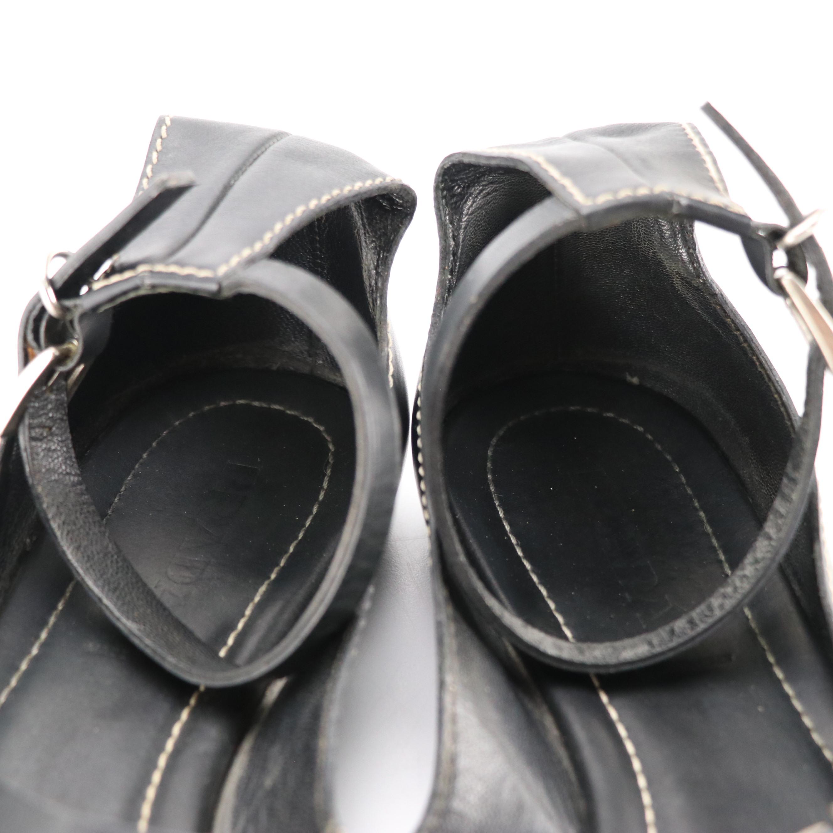 Prada Black Leather T-Strap and Ankle Strap Flat Sandals