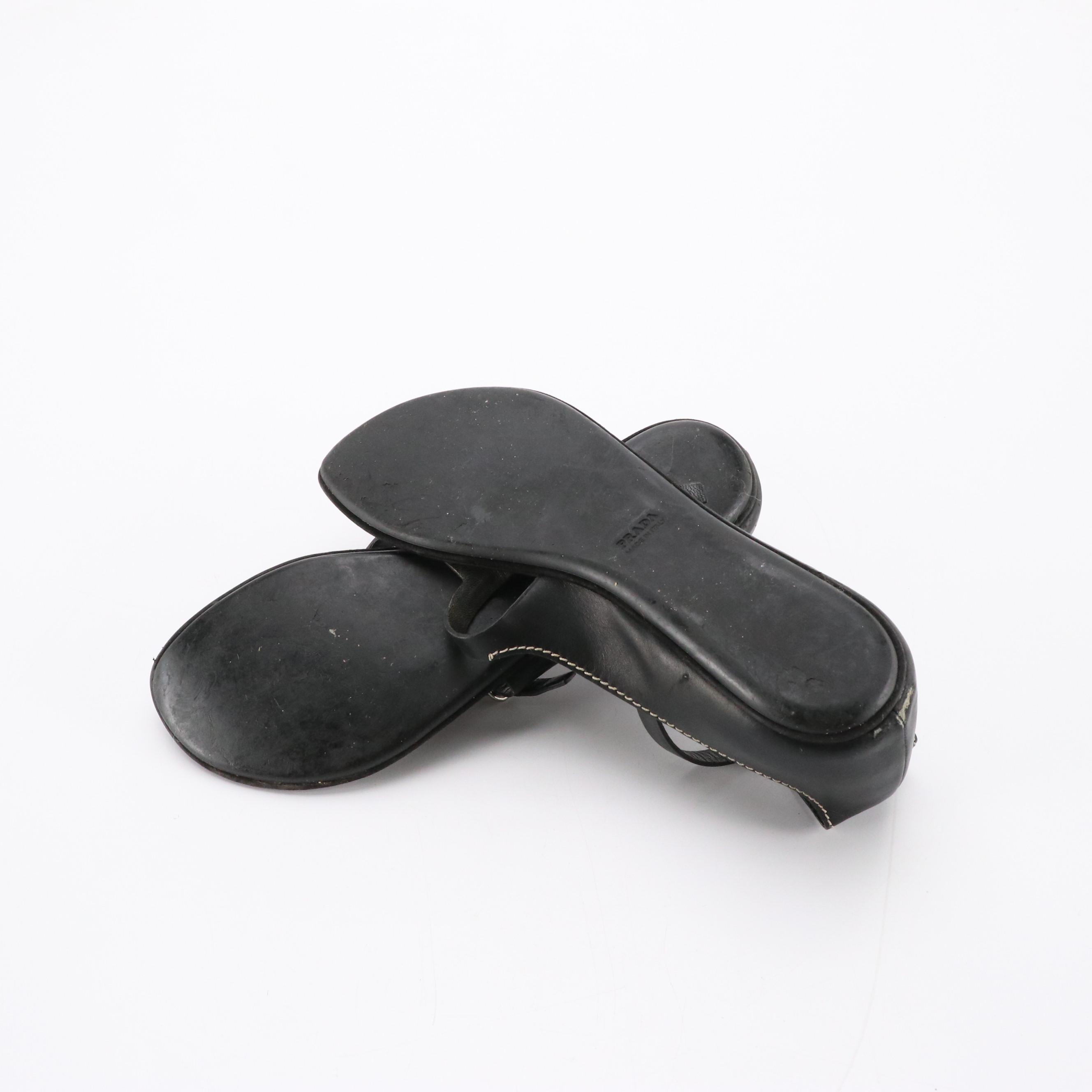 Prada Black Leather T-Strap and Ankle Strap Flat Sandals