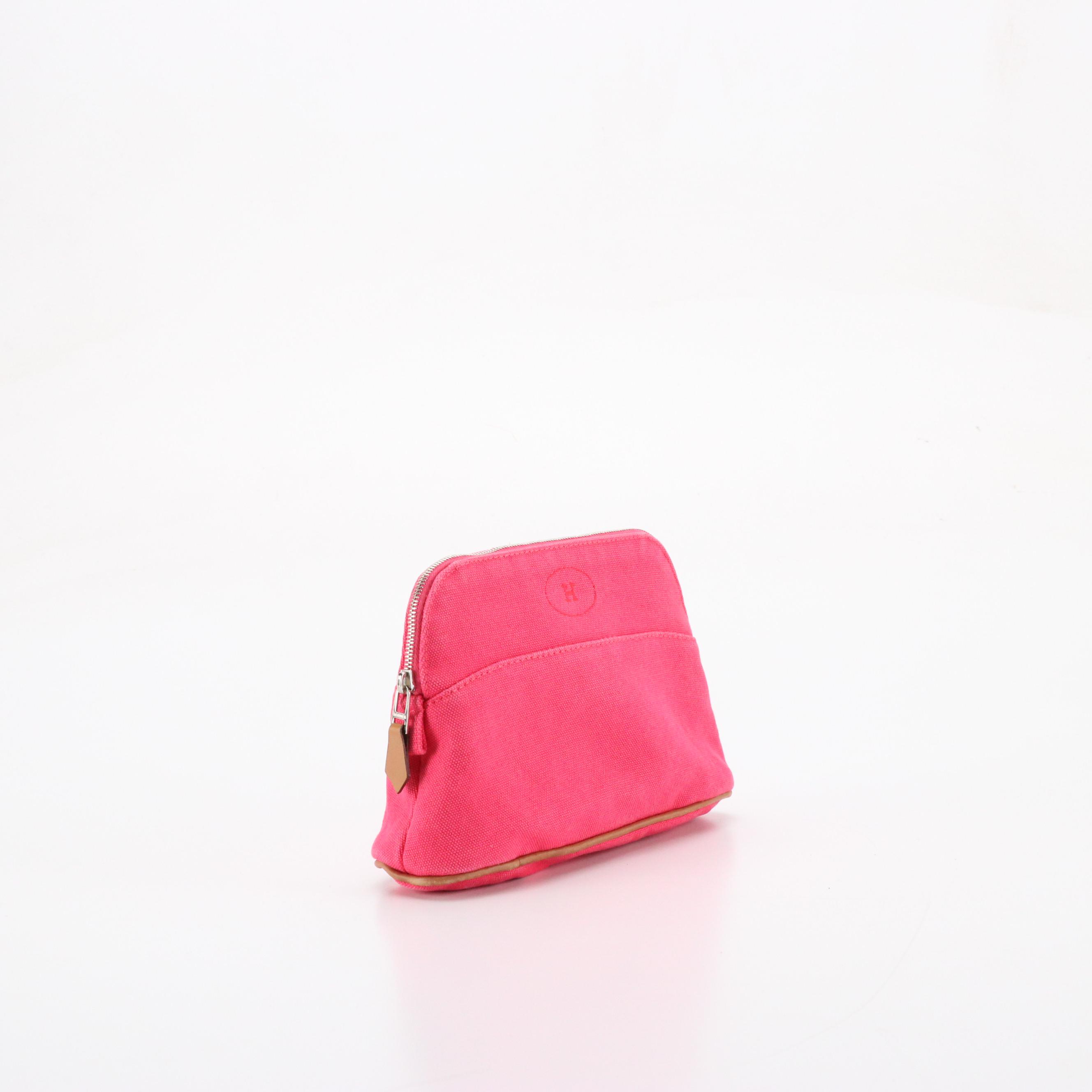 Hermès Bolide Zip Travel Pouch in Hot Pink Cotton Canvas with Leather Trim