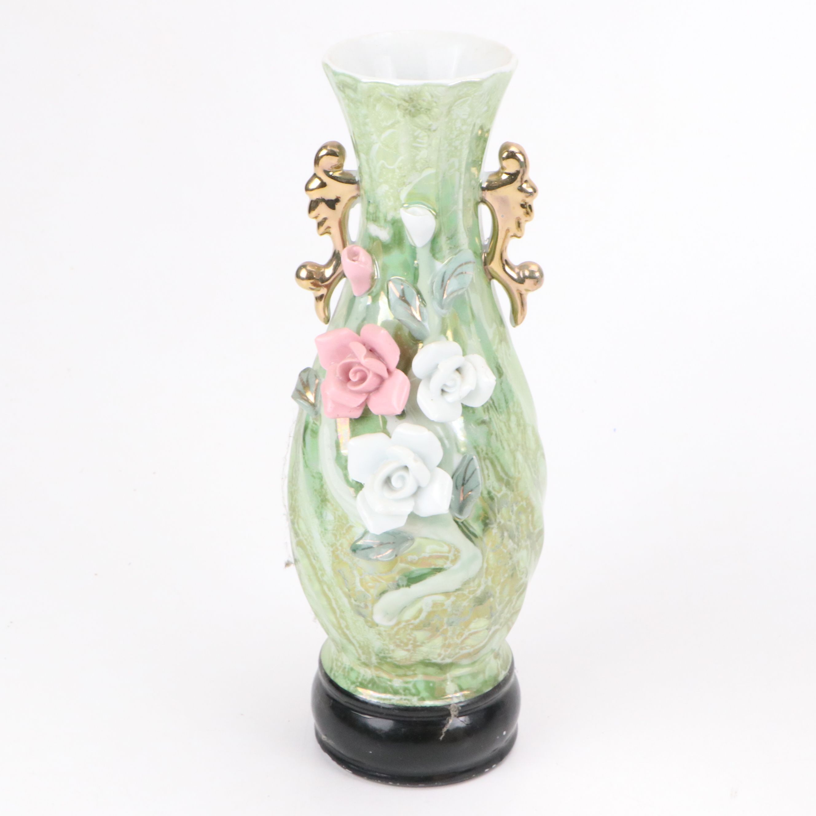 Hand-Painted Floral Ewer and Other Vintage Gilt Ceramic Vases