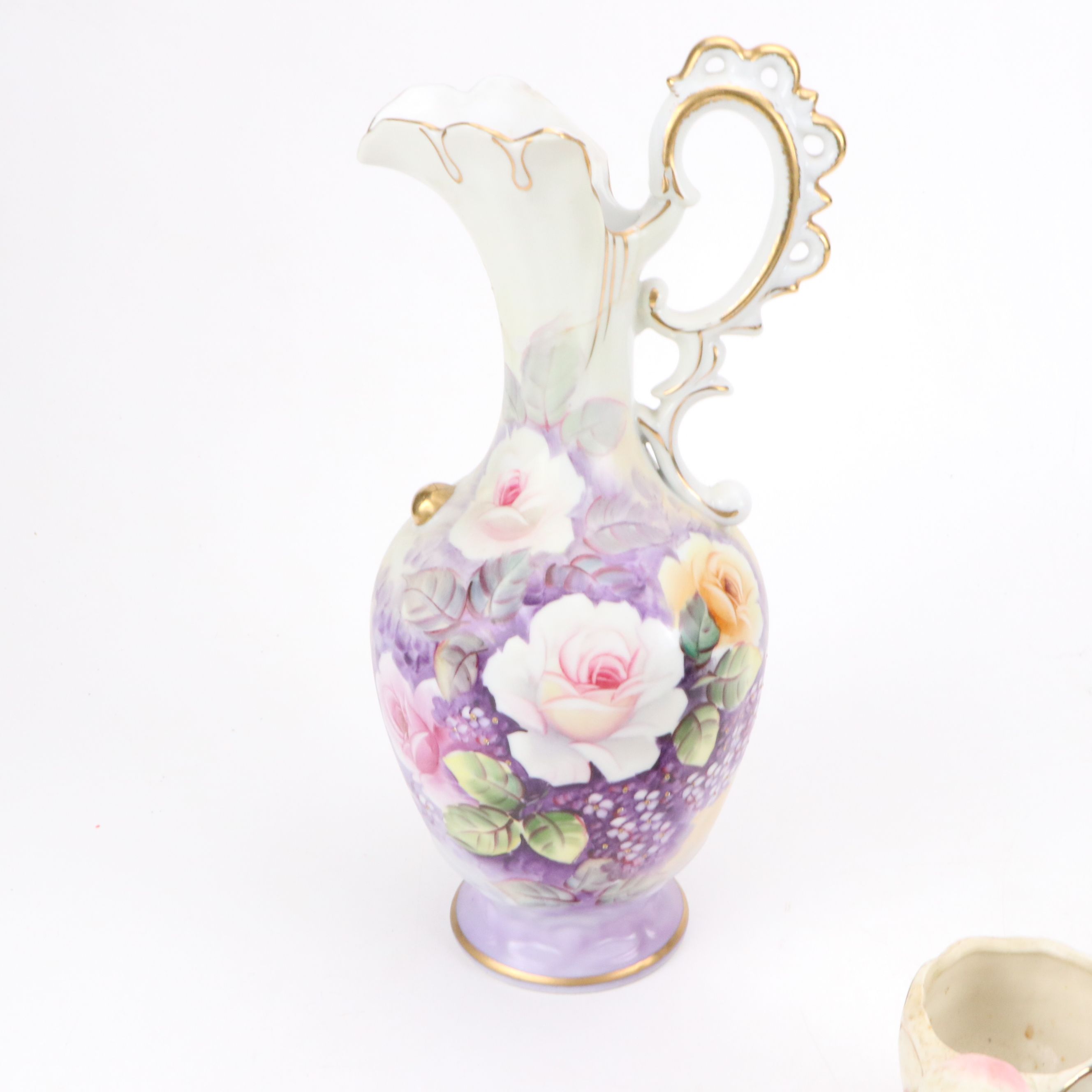 Hand-Painted Floral Ewer and Other Vintage Gilt Ceramic Vases