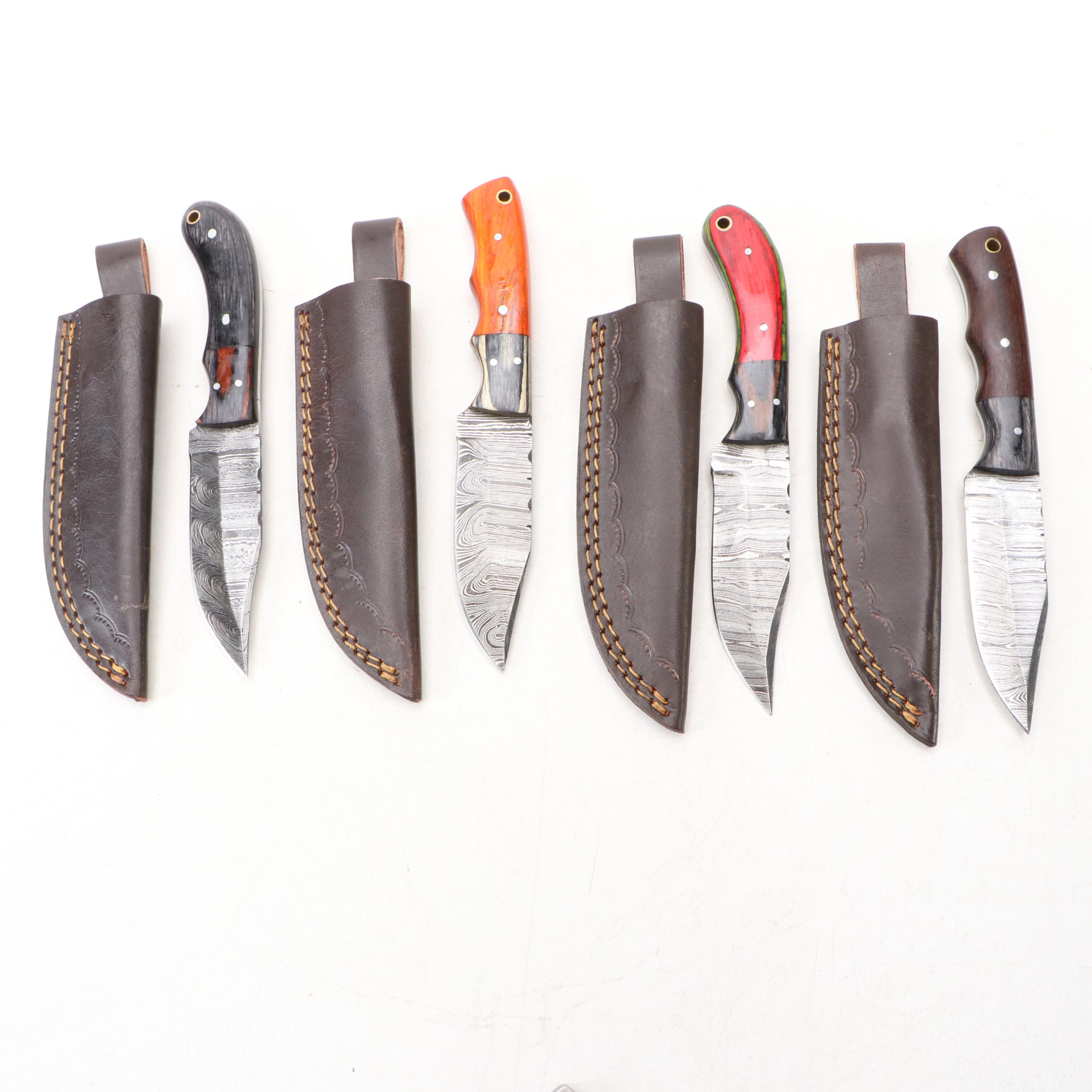 Damascus Steel Hunting Knives, Folding Knife and Scabbard