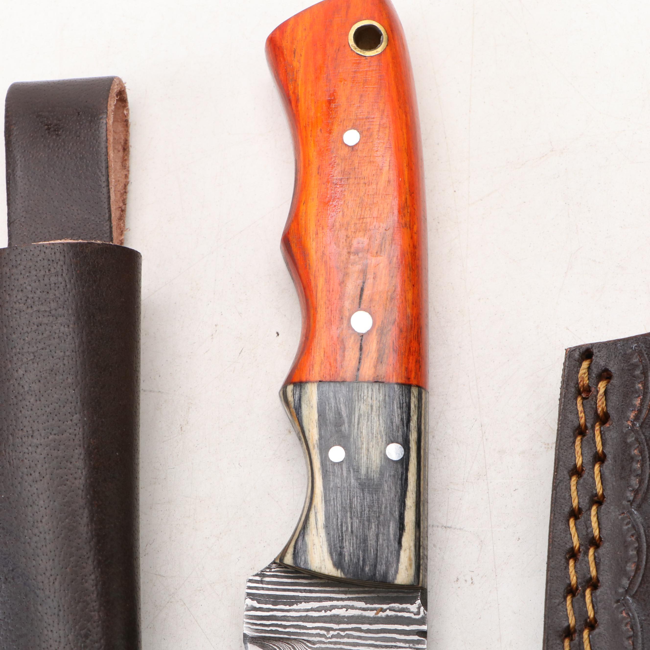 Damascus Steel Hunting Knives, Folding Knife and Scabbard