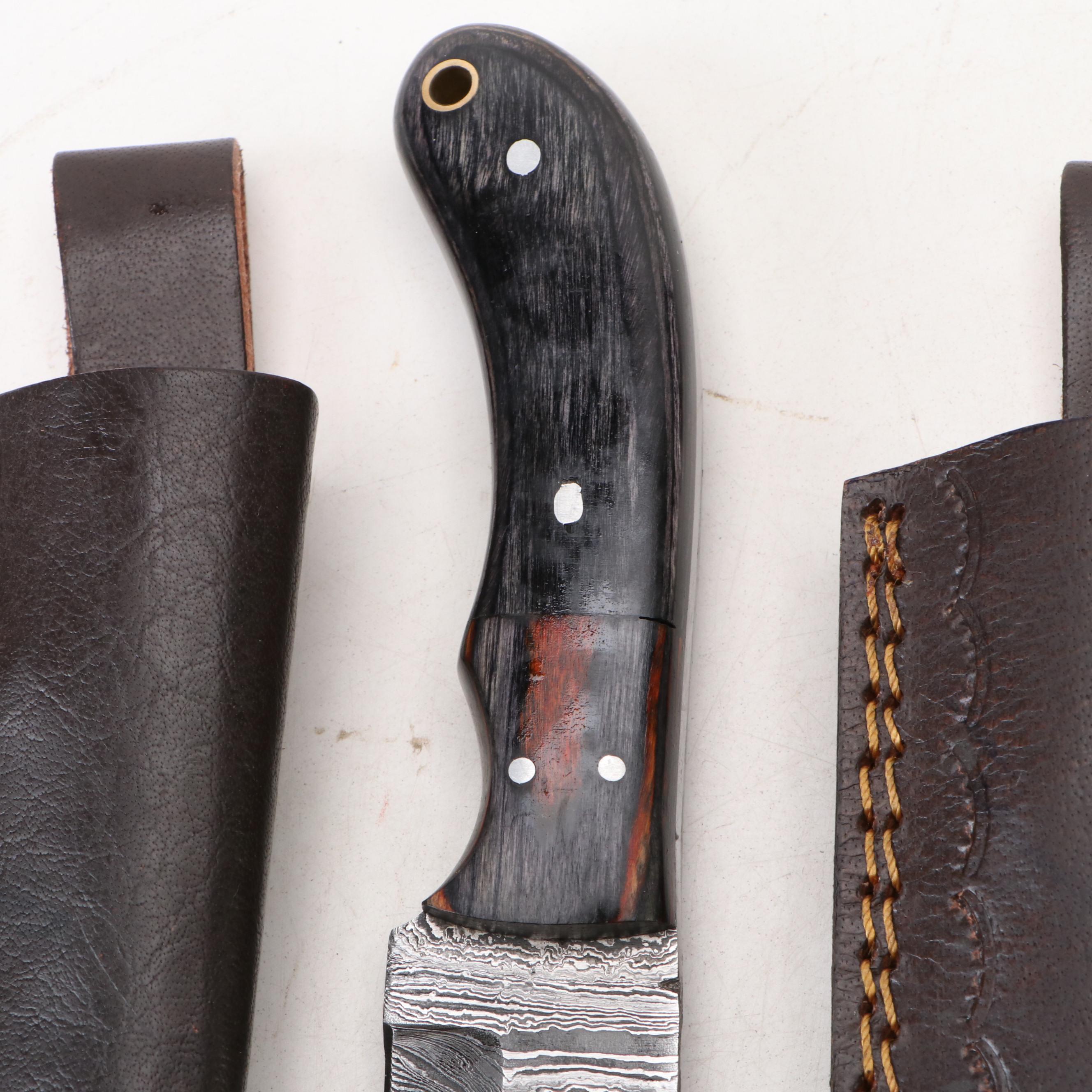 Damascus Steel Hunting Knives, Folding Knife and Scabbard