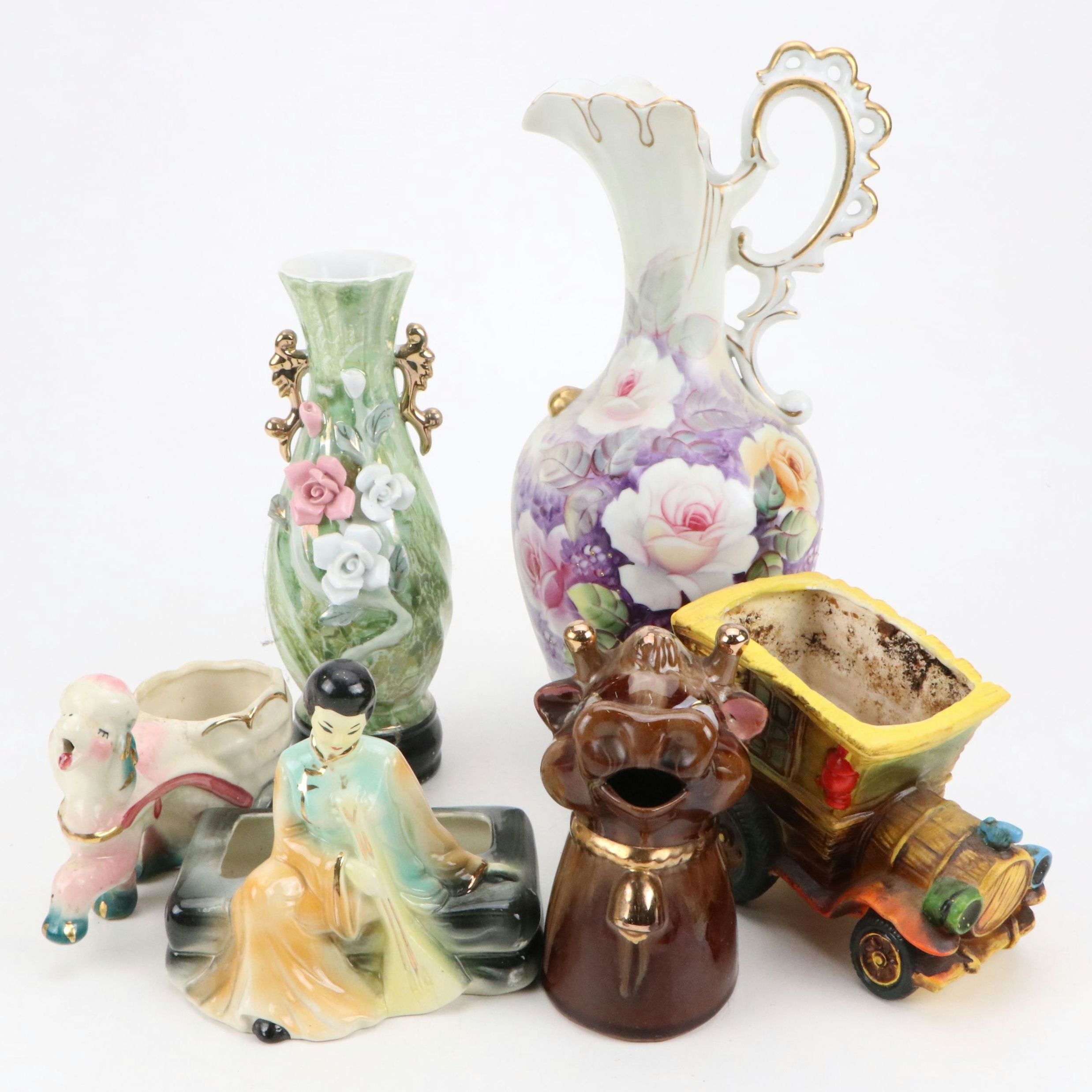 Hand-Painted Floral Ewer and Other Vintage Gilt Ceramic Vases